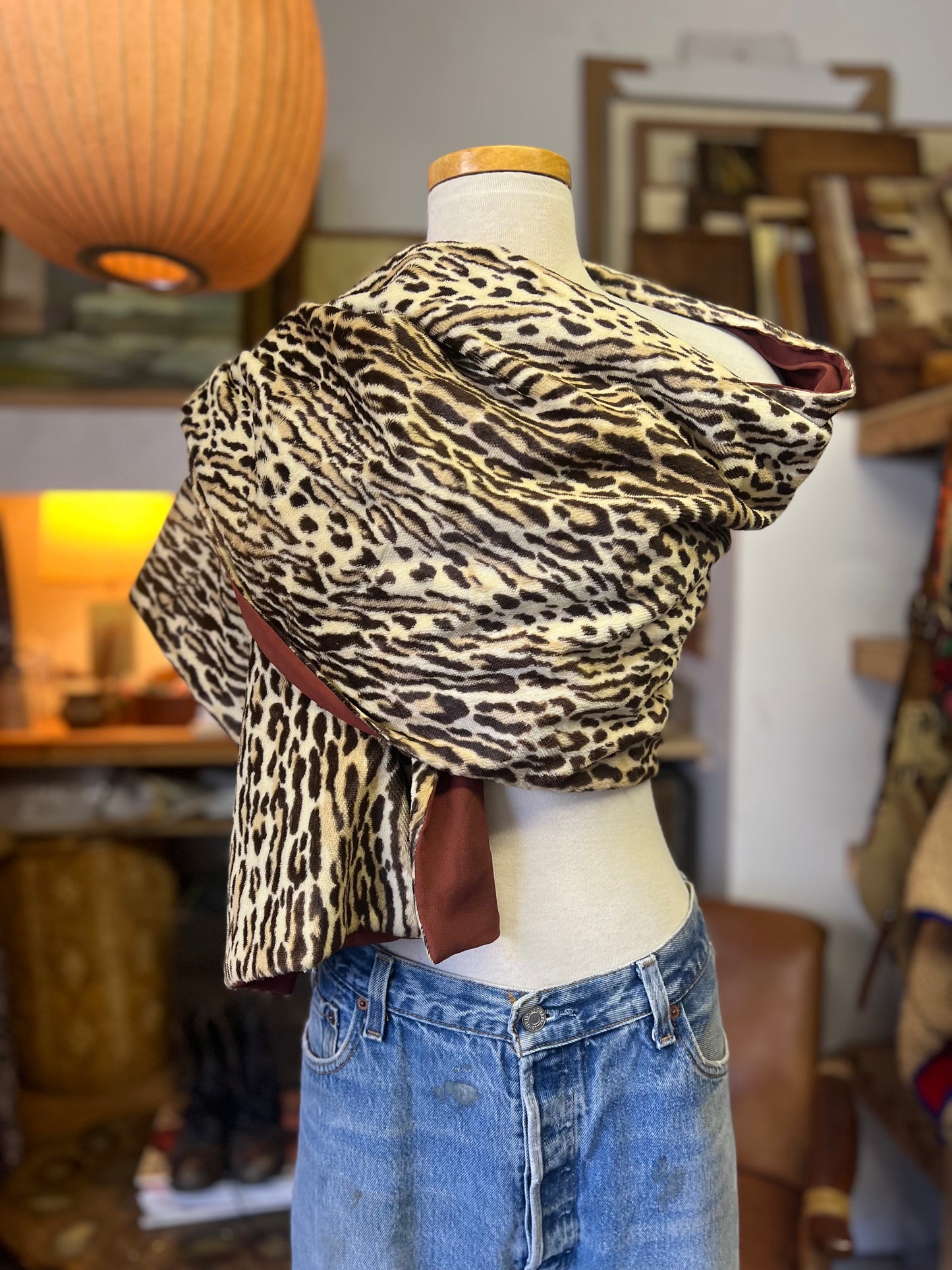 Vintage 60’s Handmade Oversized Velvet & Silk Leopard Print Scarf Shawl