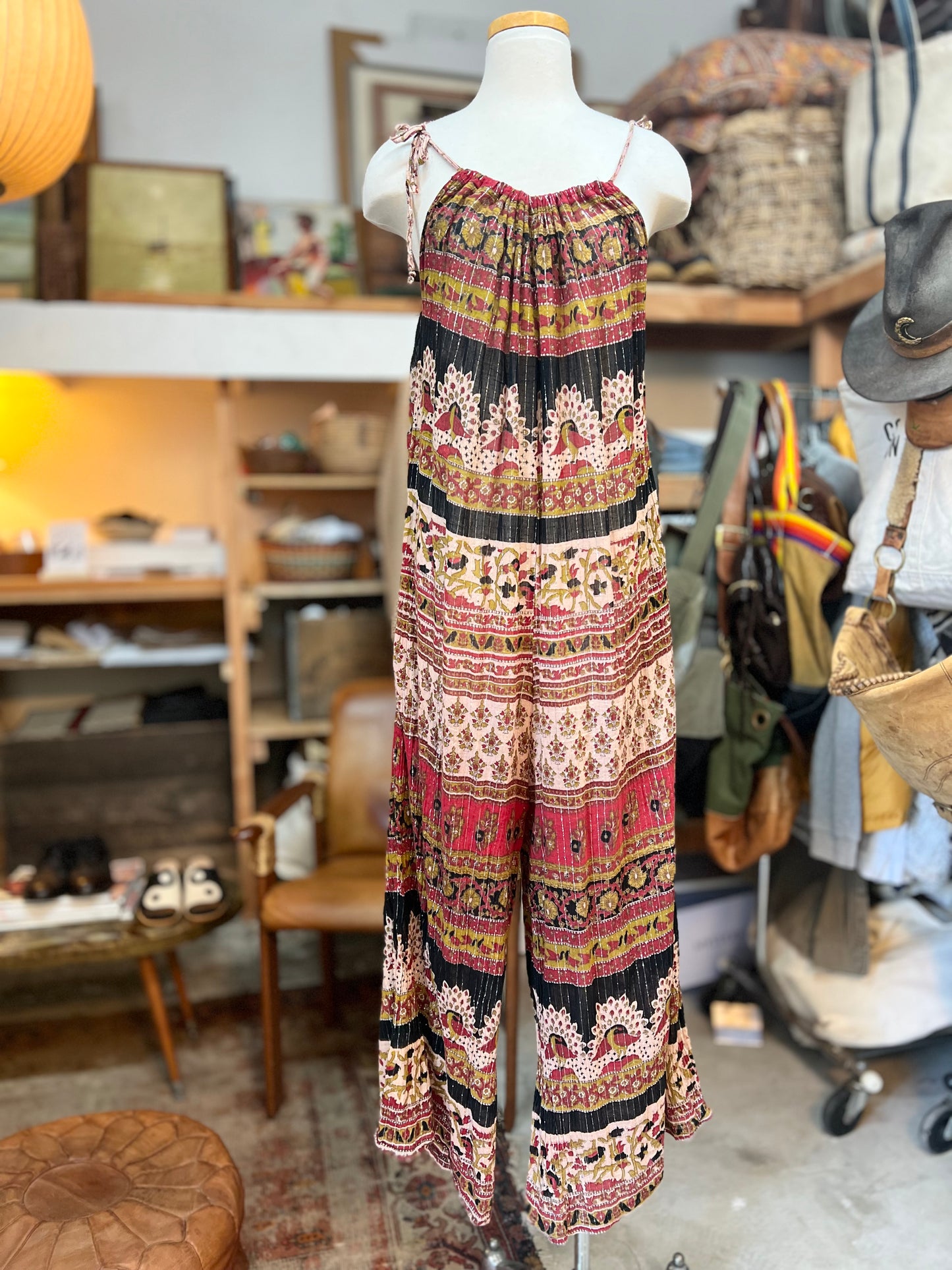 Rare Handmade Vintage India Block Print Jumpsuit w/ Pockets Free Size