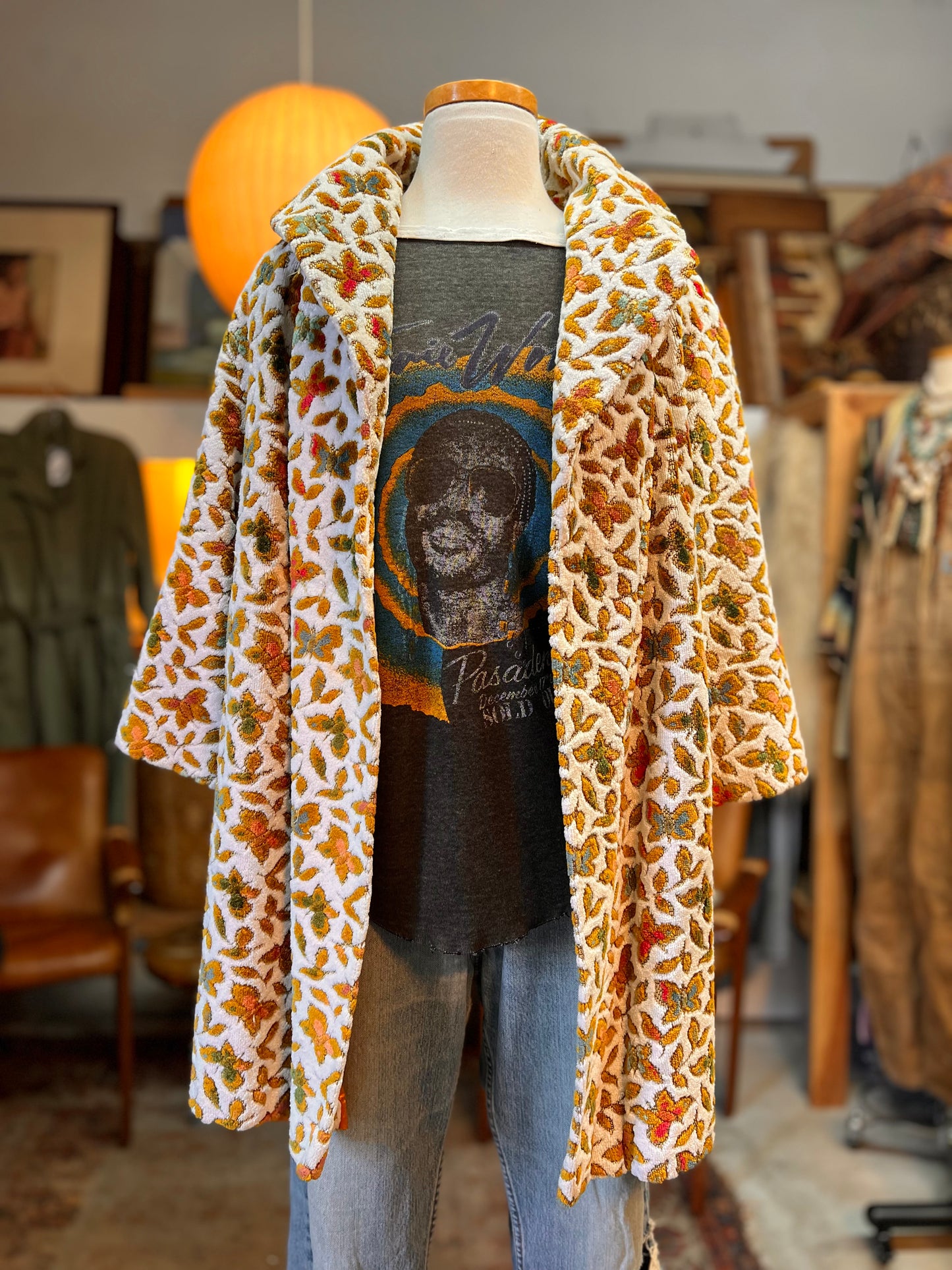 Vintage 60’s Chenille Butterlfy Shawl Collar Swing Coat L