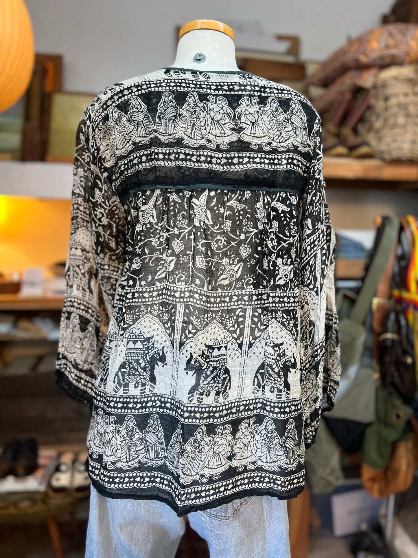Vintage 70’s/80’s India Block Print Sheer Cotton Gauze Bohemian Blouse