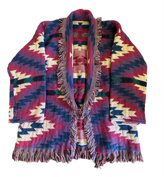 Vintage 80’s Handmade Blanket Sweater Coat Fringe Trim Shawl Collar O/S