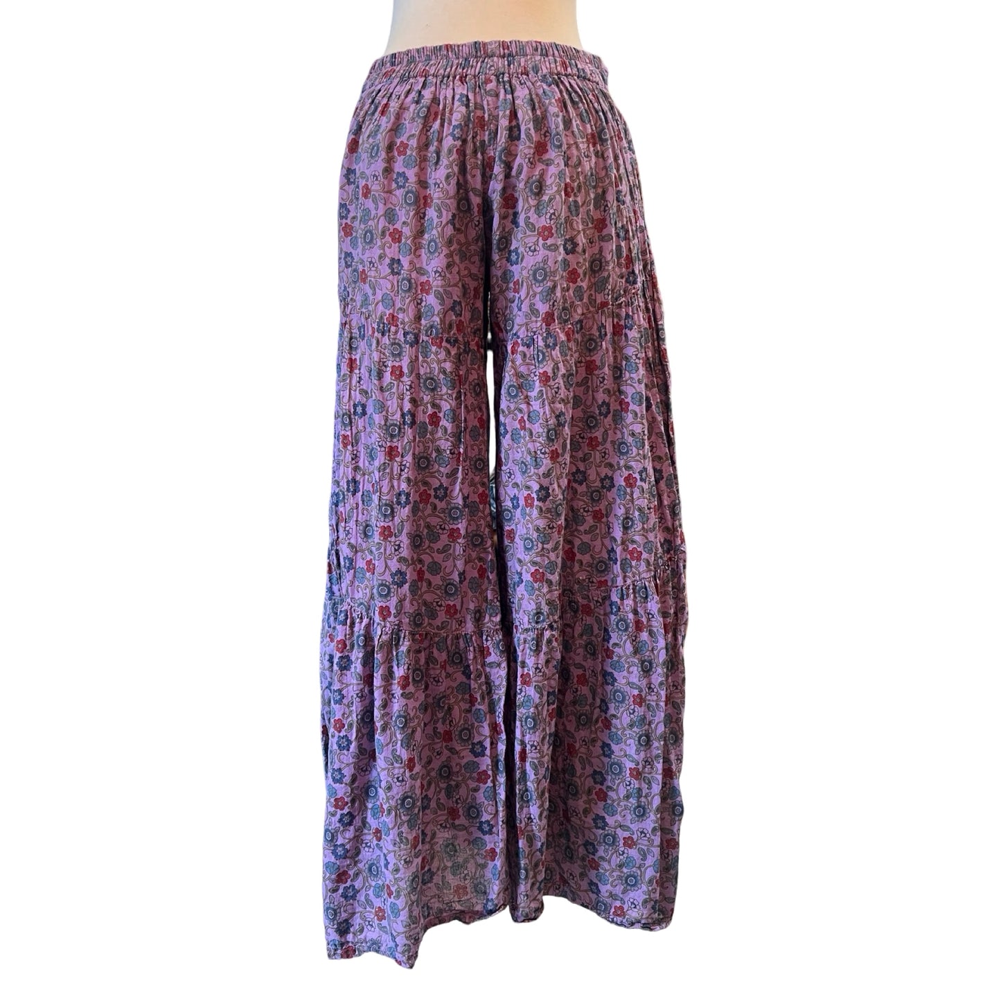 Rare Vintage India Block Print Cotton Gauze Tiered Palazzo Pants S/M