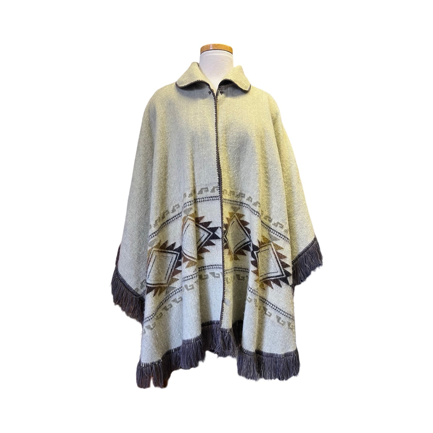 Vintage 70’s Bohemian Soft Reversible Fringe Trim Poncho Southwestern Design O/S