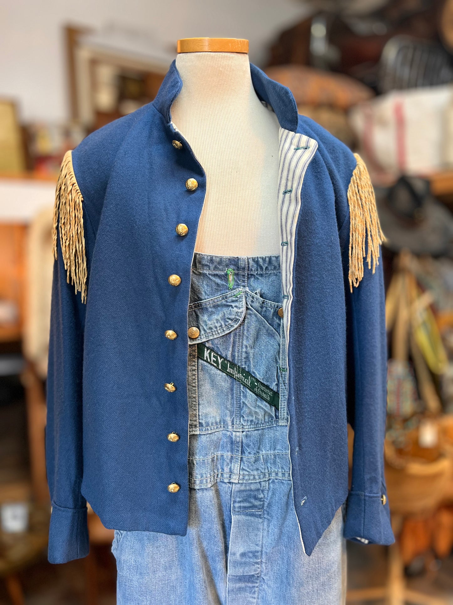 Vintage Cropped Military Jacket French Ticking Lined Seed Bead & Fringe Adornment