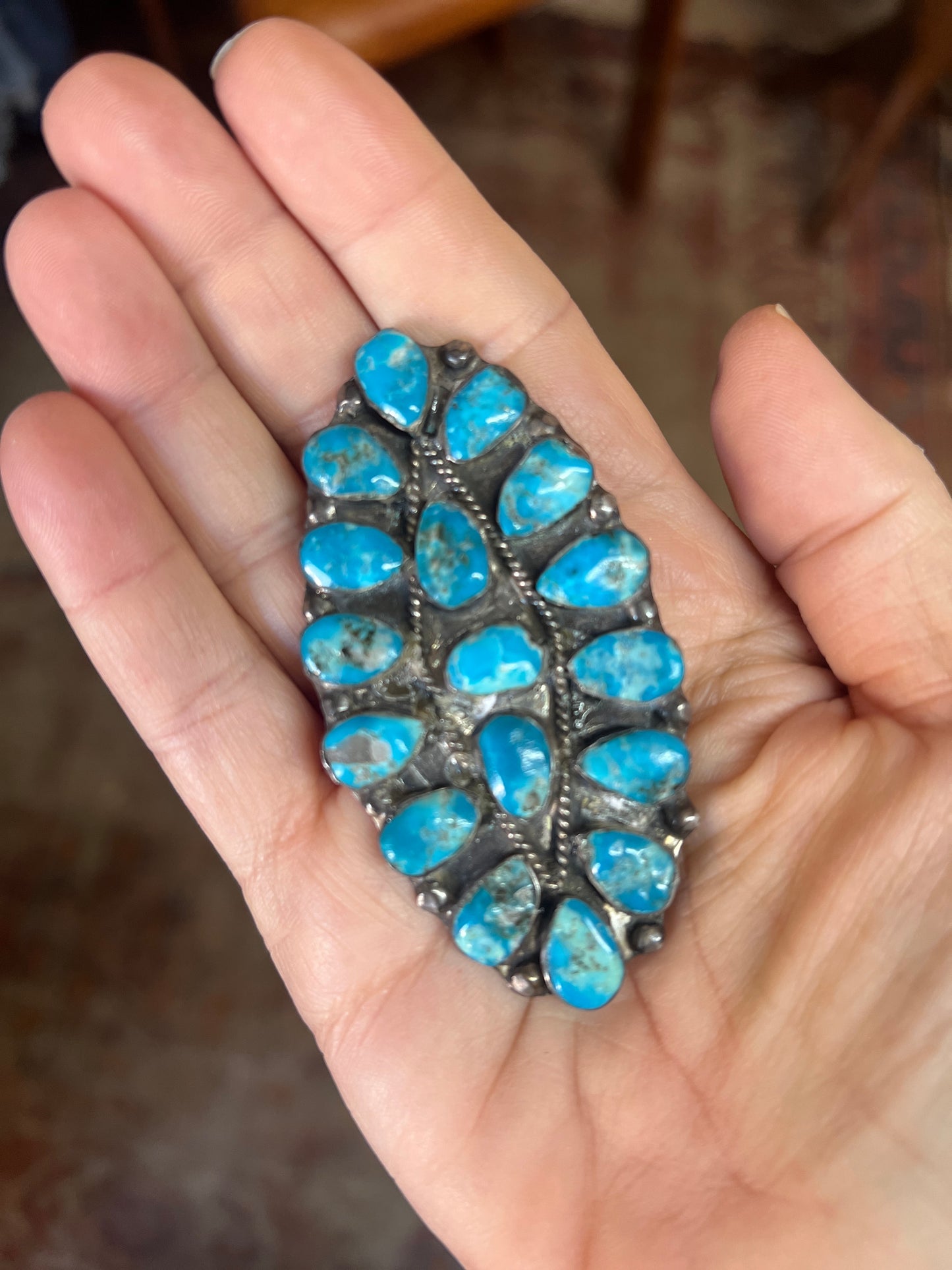 Rare Huge Vintage Navajo Kingman Turquoise 17 Stone Sterling Brooch
