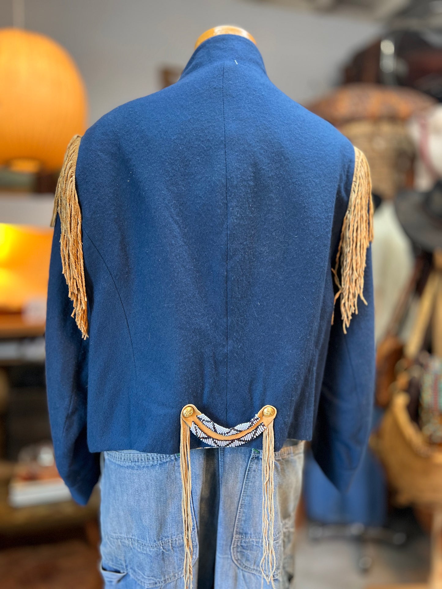 Vintage Cropped Military Jacket French Ticking Lined Seed Bead & Fringe Adornment