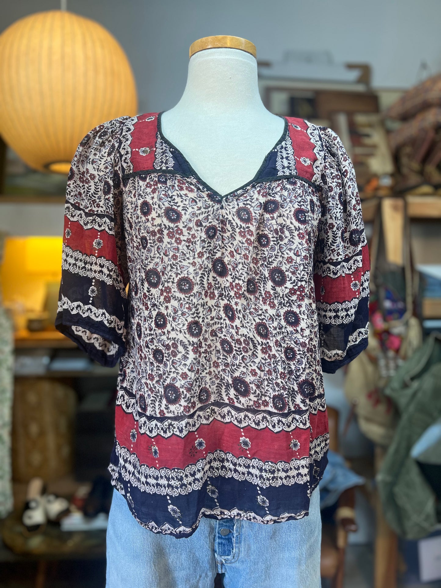 Vintage 70’s Star of India Sheer Cotton Gauze Block Print Blouse
