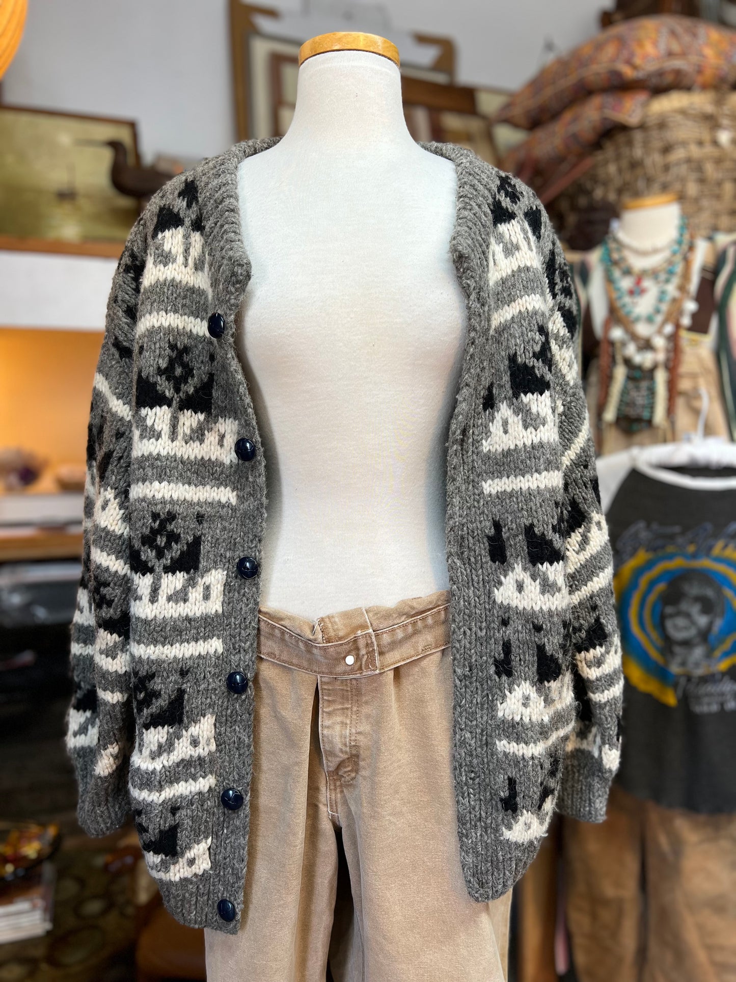 Vintage Hand Knit Wool Cowichan Cardigan w/ Pockets