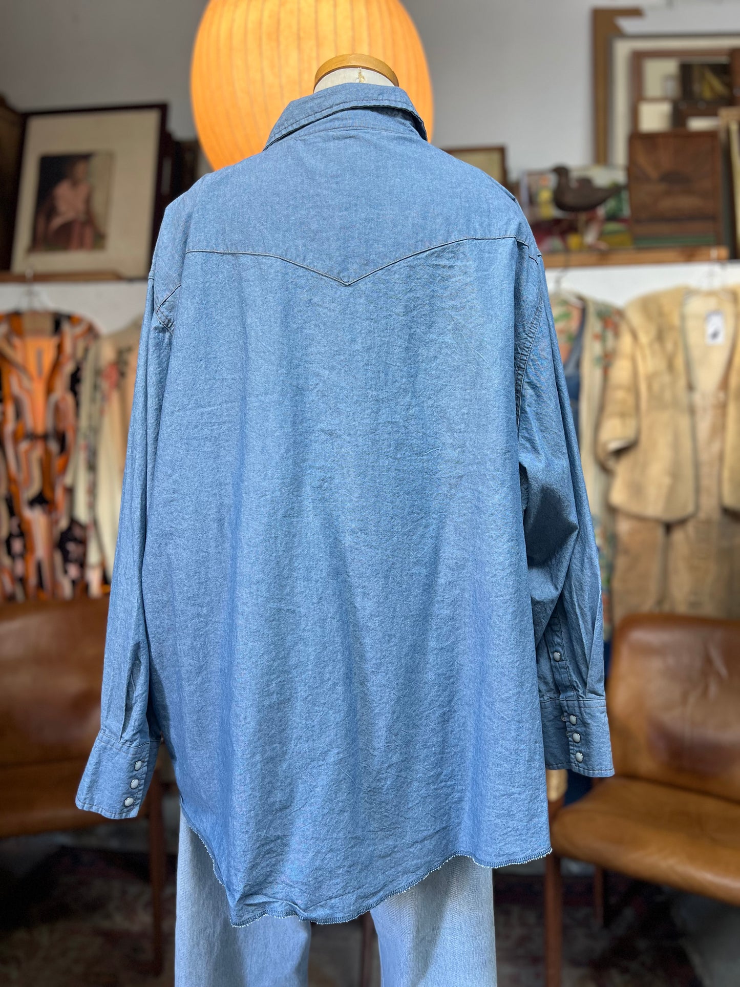 Vintage Oversized Wrangler Chambray Denim Pearl Snap Shirt 4XLT