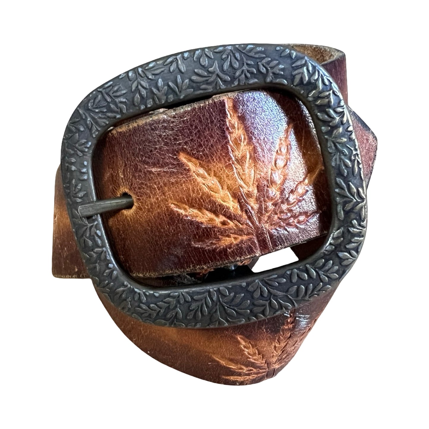 Vintage 70’s Hand Tooled Weed Leaf Brass Buckle Belt