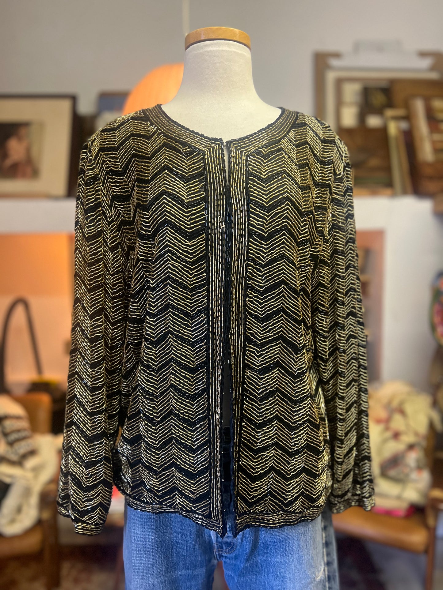 Vintage 70’s Stenay Silk & Sequin Chevron Pattern Jacket Top Made In India