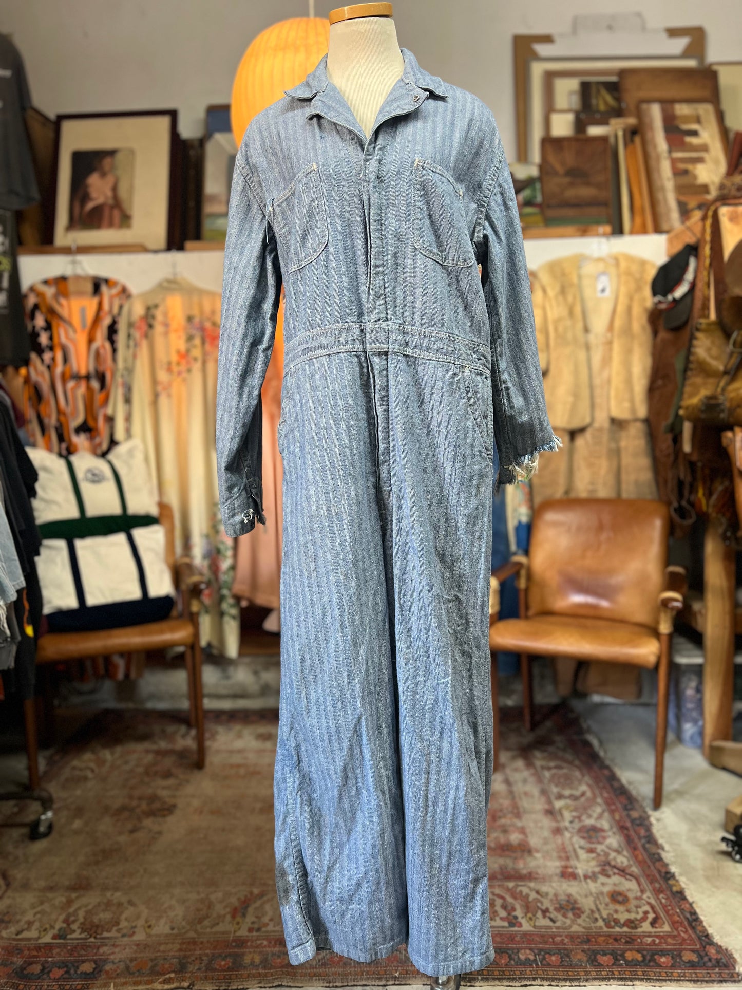 Vintage Distressed 1950’s Herringbone Twill Denim Jumpsuit 42L