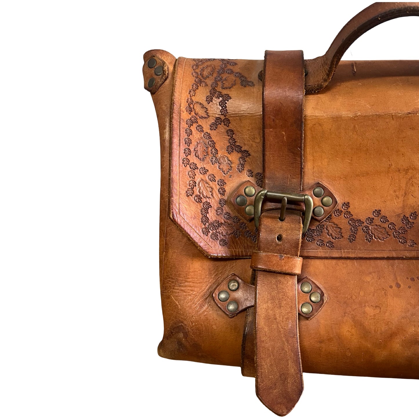 Vintage 70’s Handmade Tooled Leather Messenger Briefcase Brass Hardware