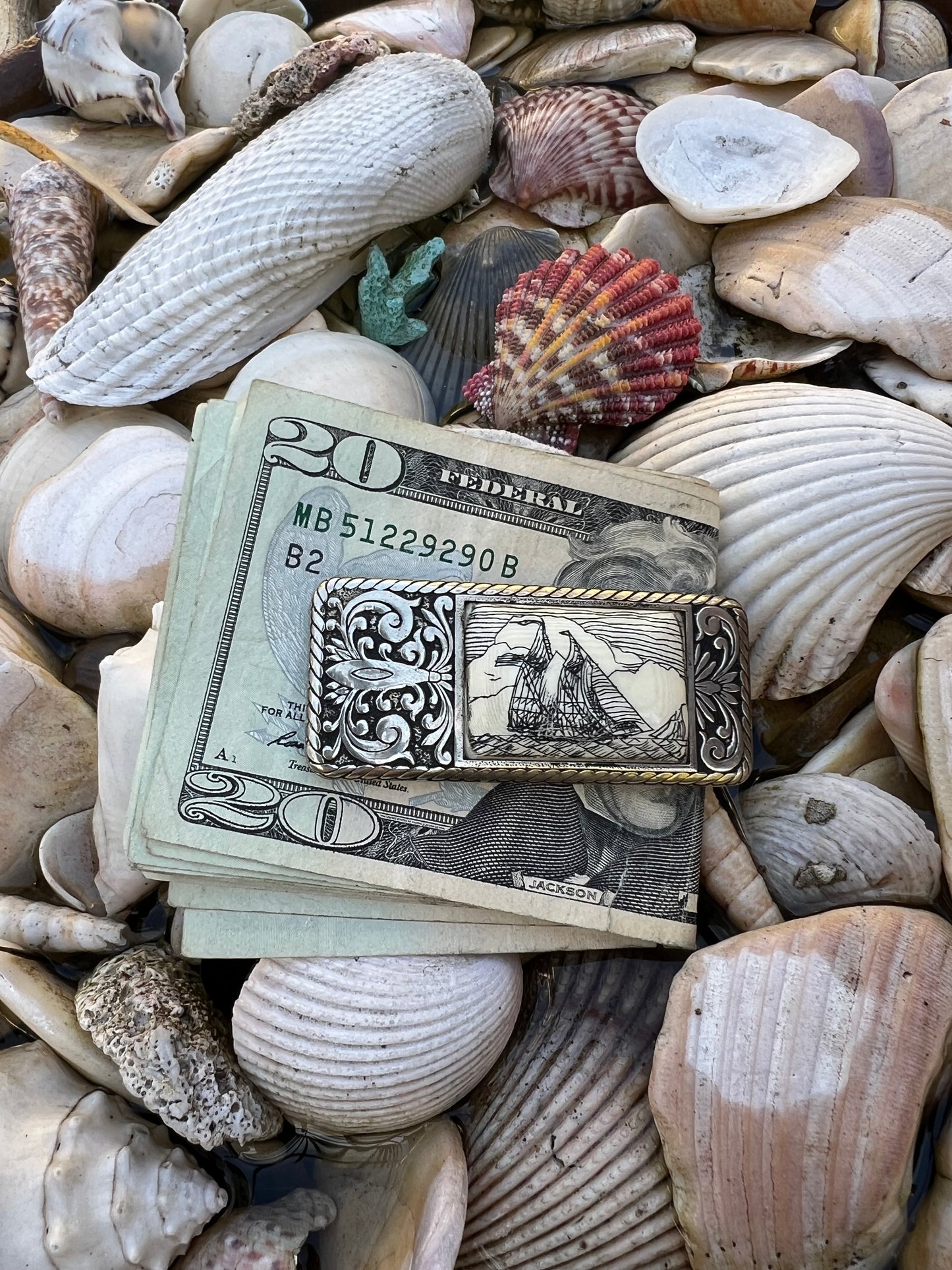 Vintage Sam Mcdowell Silver & Scrimshaw Schooner Money Clip Signed 2003