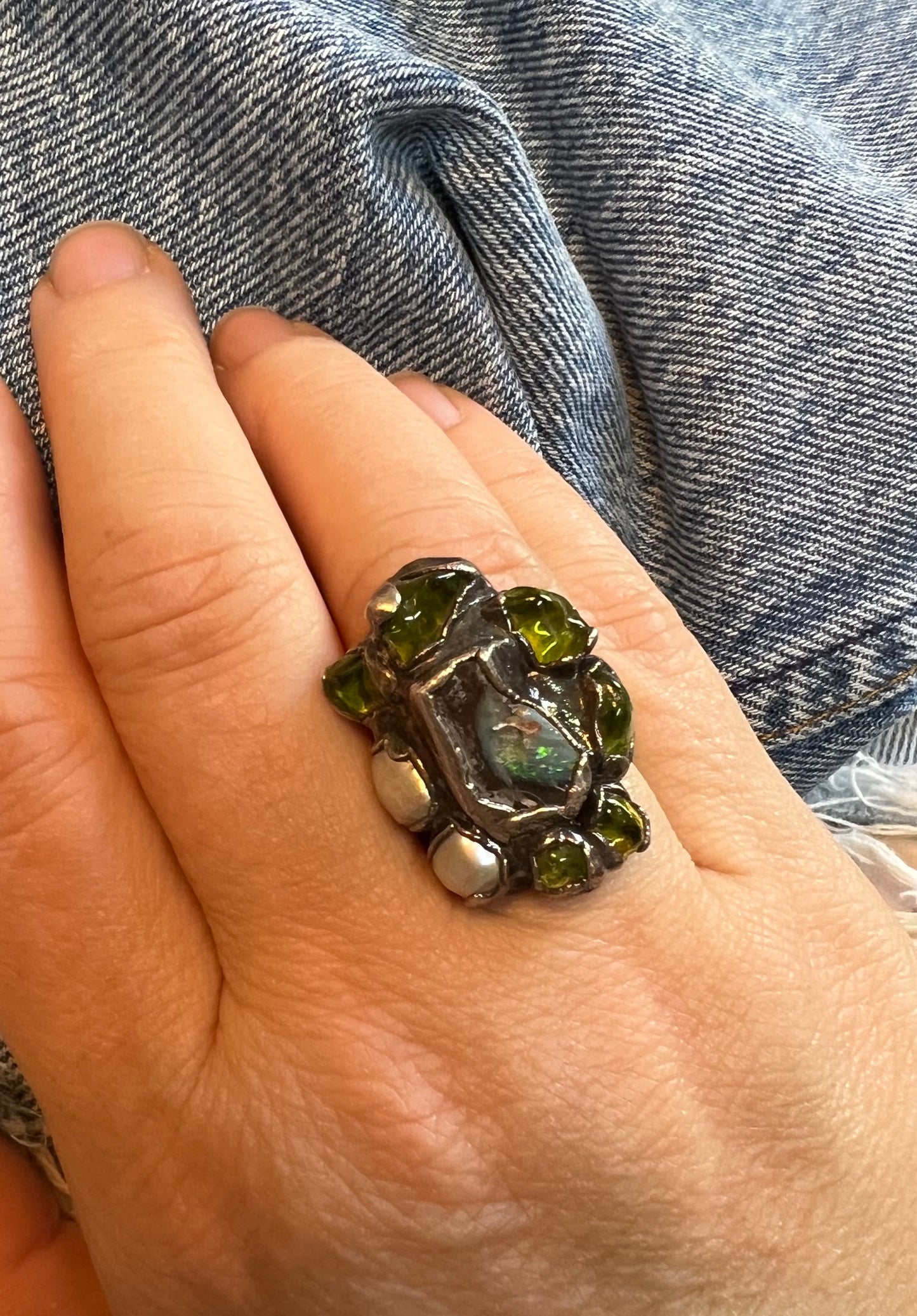 Vintage Modernist Turquoise Peridot Pearl Freeform Ring 7