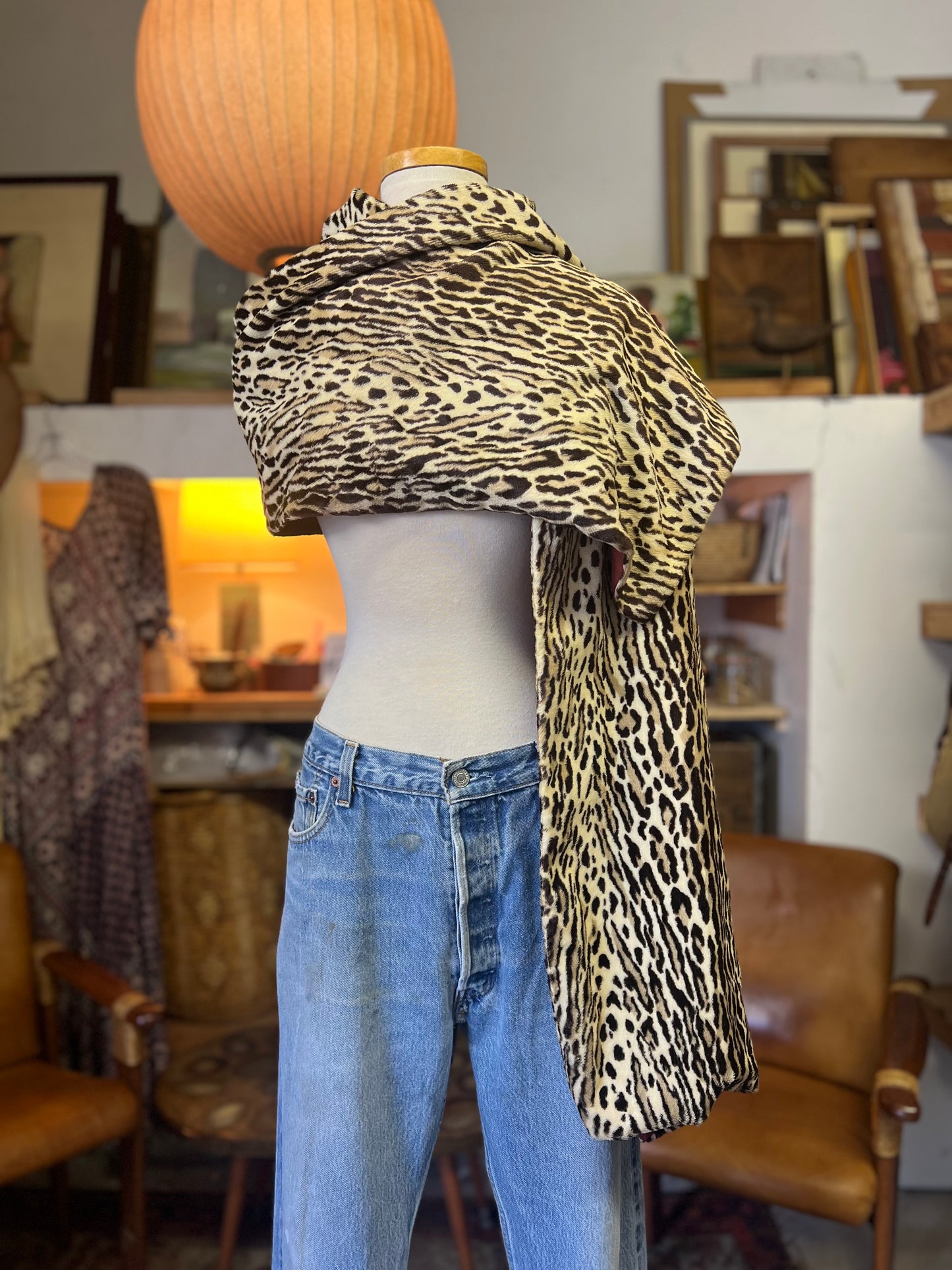 Vintage 60’s Handmade Oversized Velvet & Silk Leopard Print Scarf Shawl