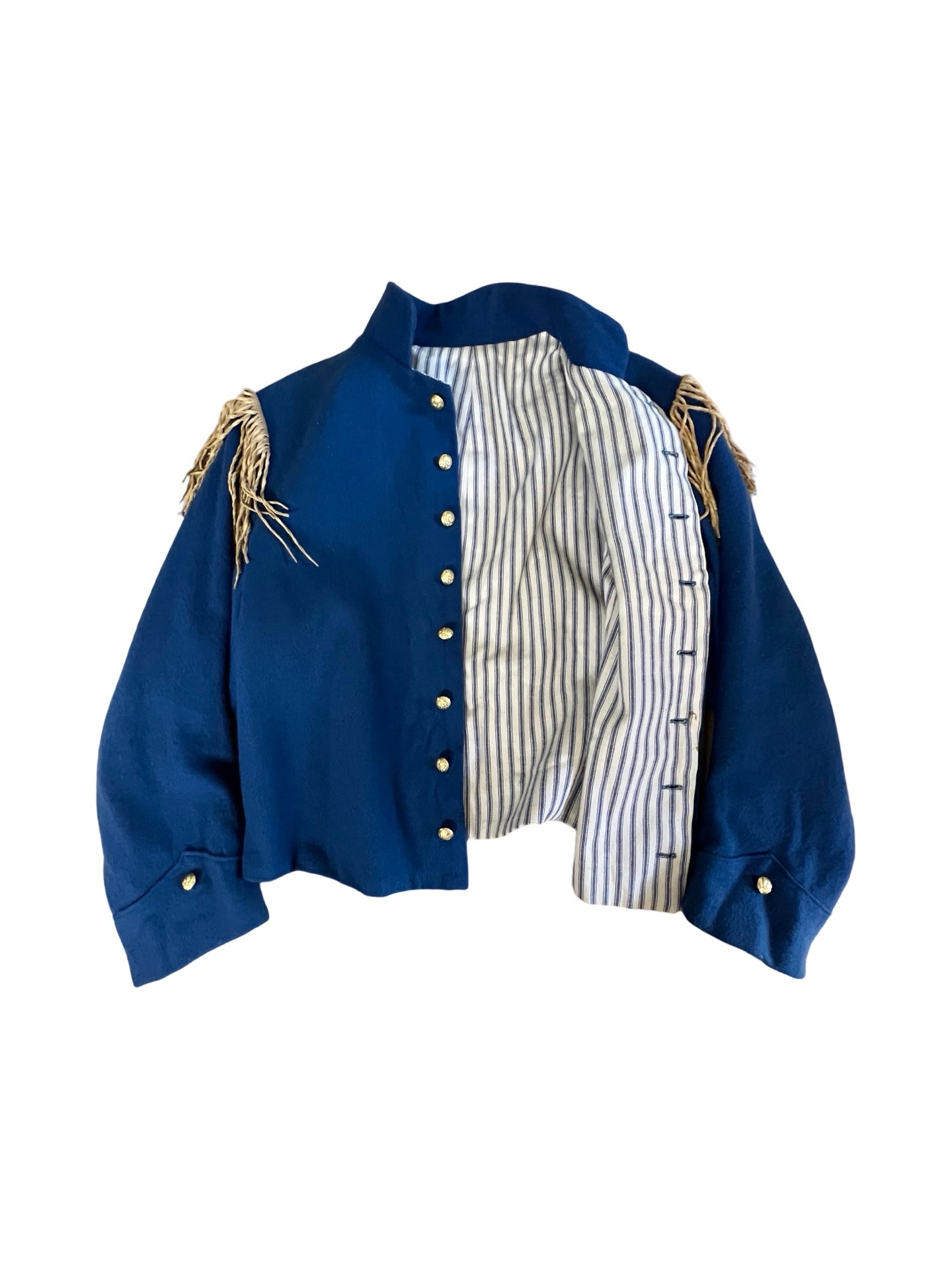 Vintage Cropped Military Jacket French Ticking Lined Seed Bead & Fringe Adornment