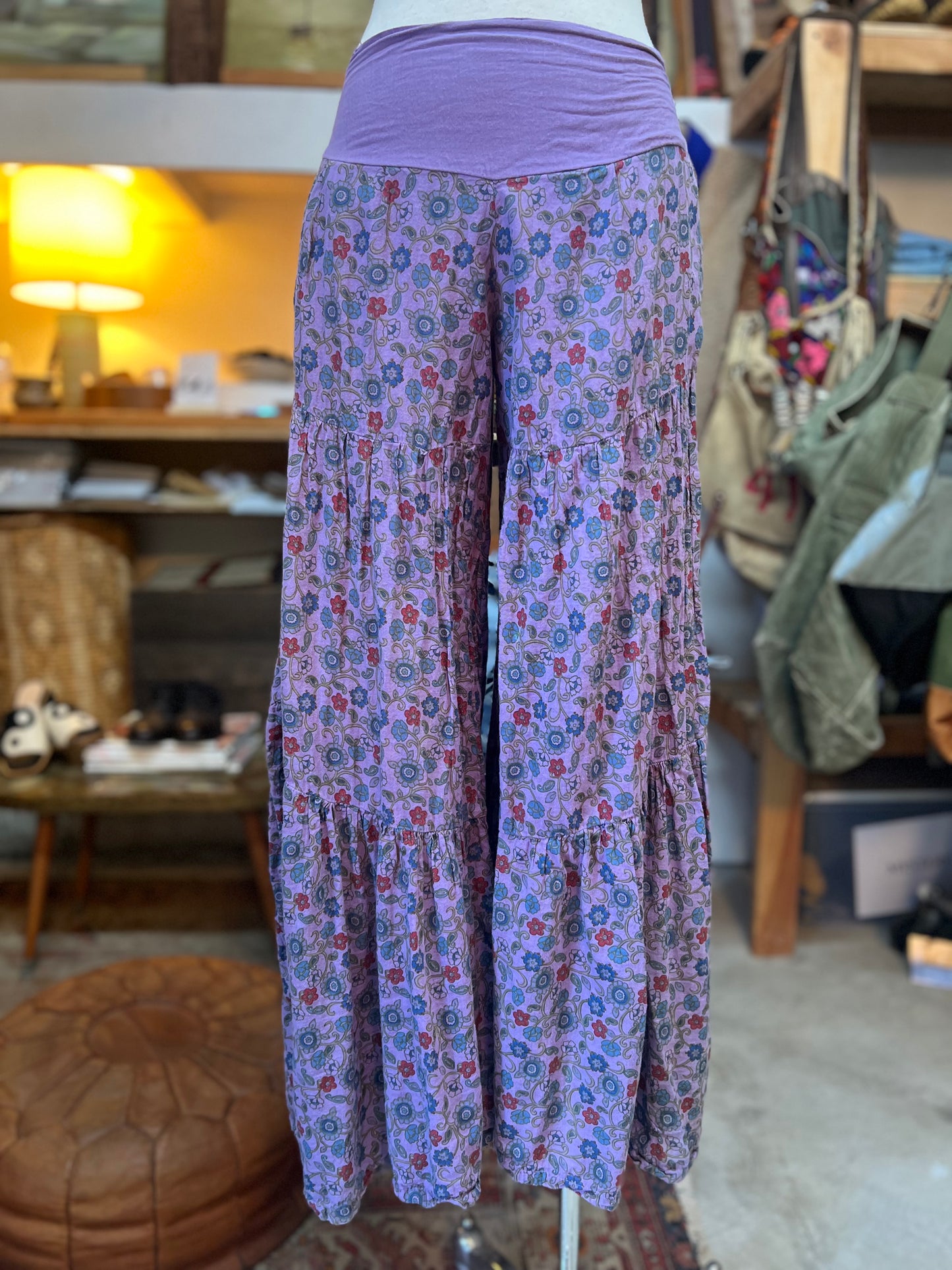 Rare Vintage India Block Print Cotton Gauze Tiered Palazzo Pants S/M
