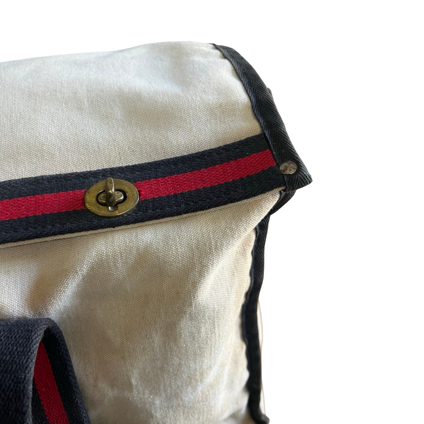 Rare Vintage 1970’s Heavy Canvas Weekender Tote w/ Brass Hardware Striped Webbing