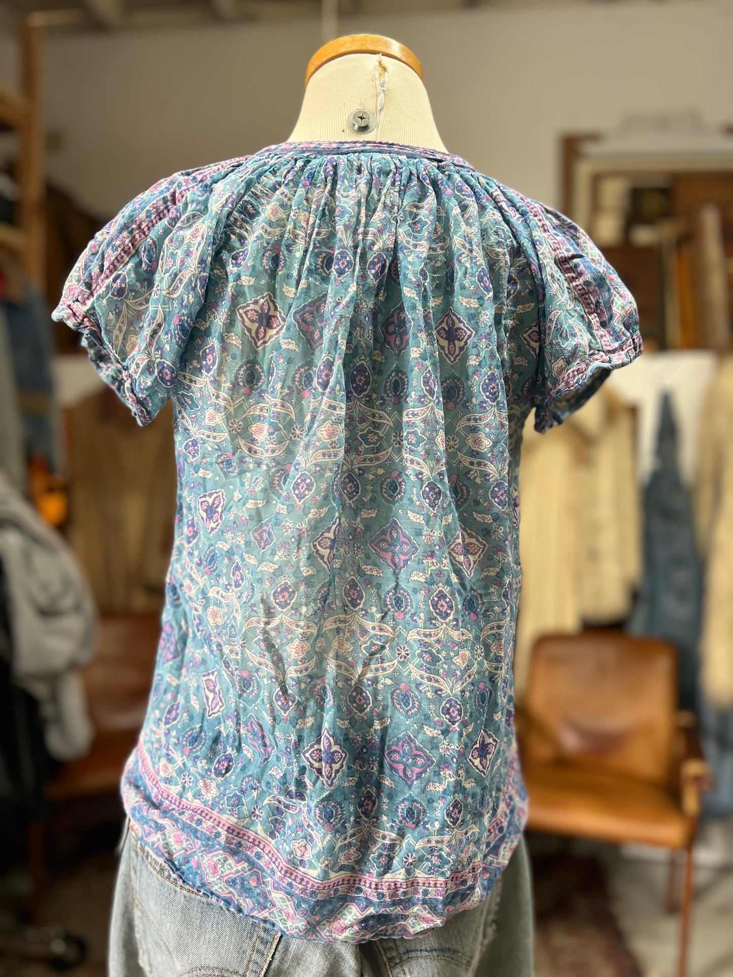 Rare Vintage 70’s India Gauze Block Print Cap Sleeve Top XS