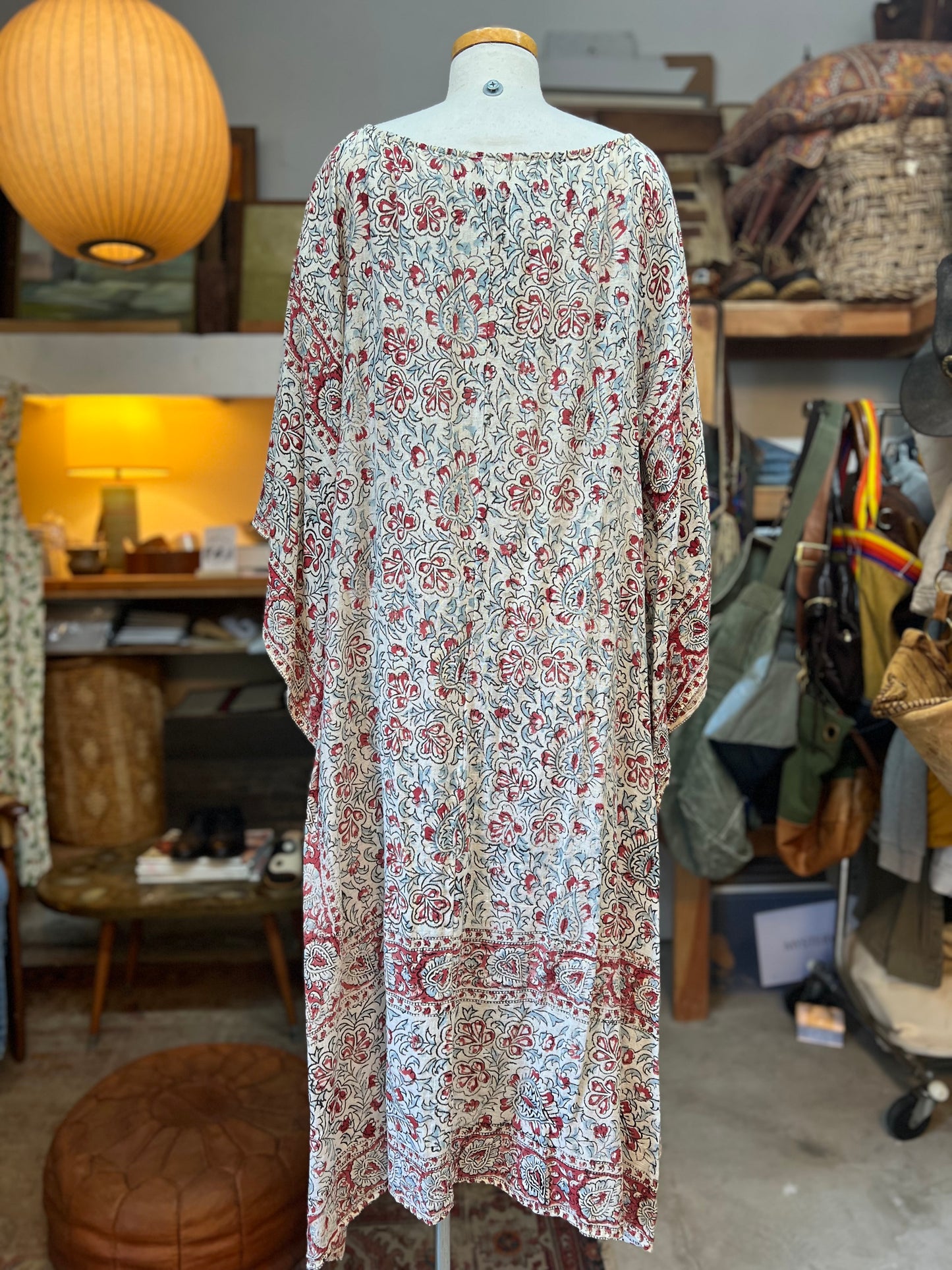 Vintage 70’s Handmade India Cotton Block Print Bohemian Midi Dress Kimono Sleeves