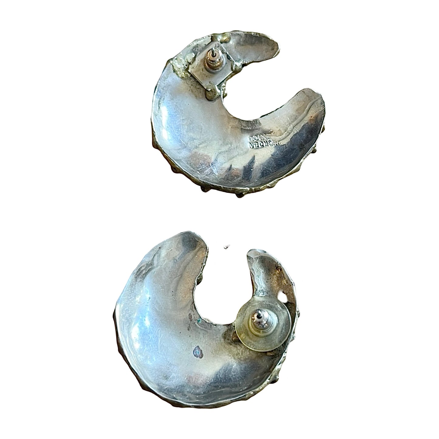 Vintage 70’s/80’s Modernist Brass & Silver Crescent Moon Earrings Hecho En Mexico