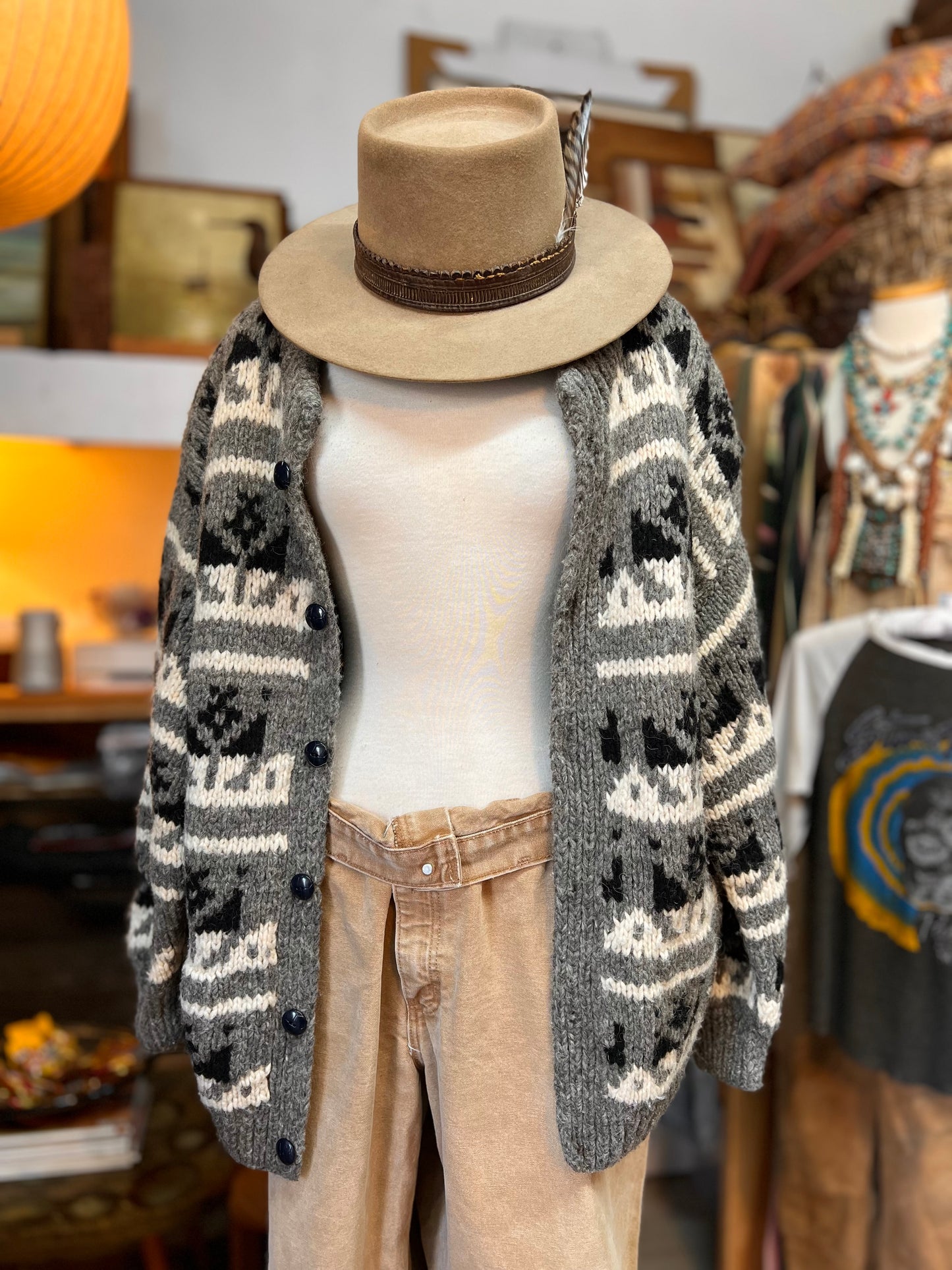 Vintage Hand Knit Wool Cowichan Cardigan w/ Pockets