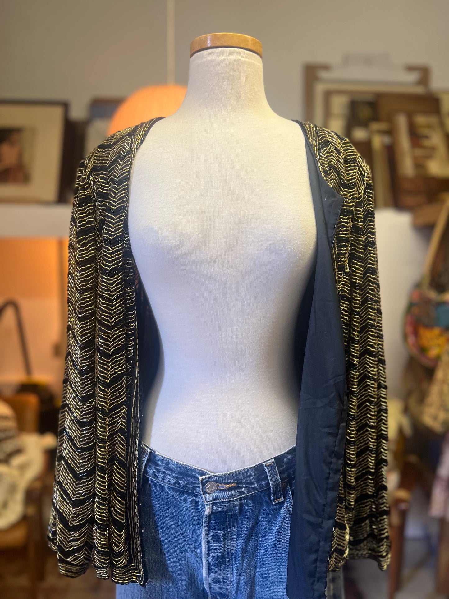 Vintage 70’s Stenay Silk & Sequin Chevron Pattern Jacket Top Made In India