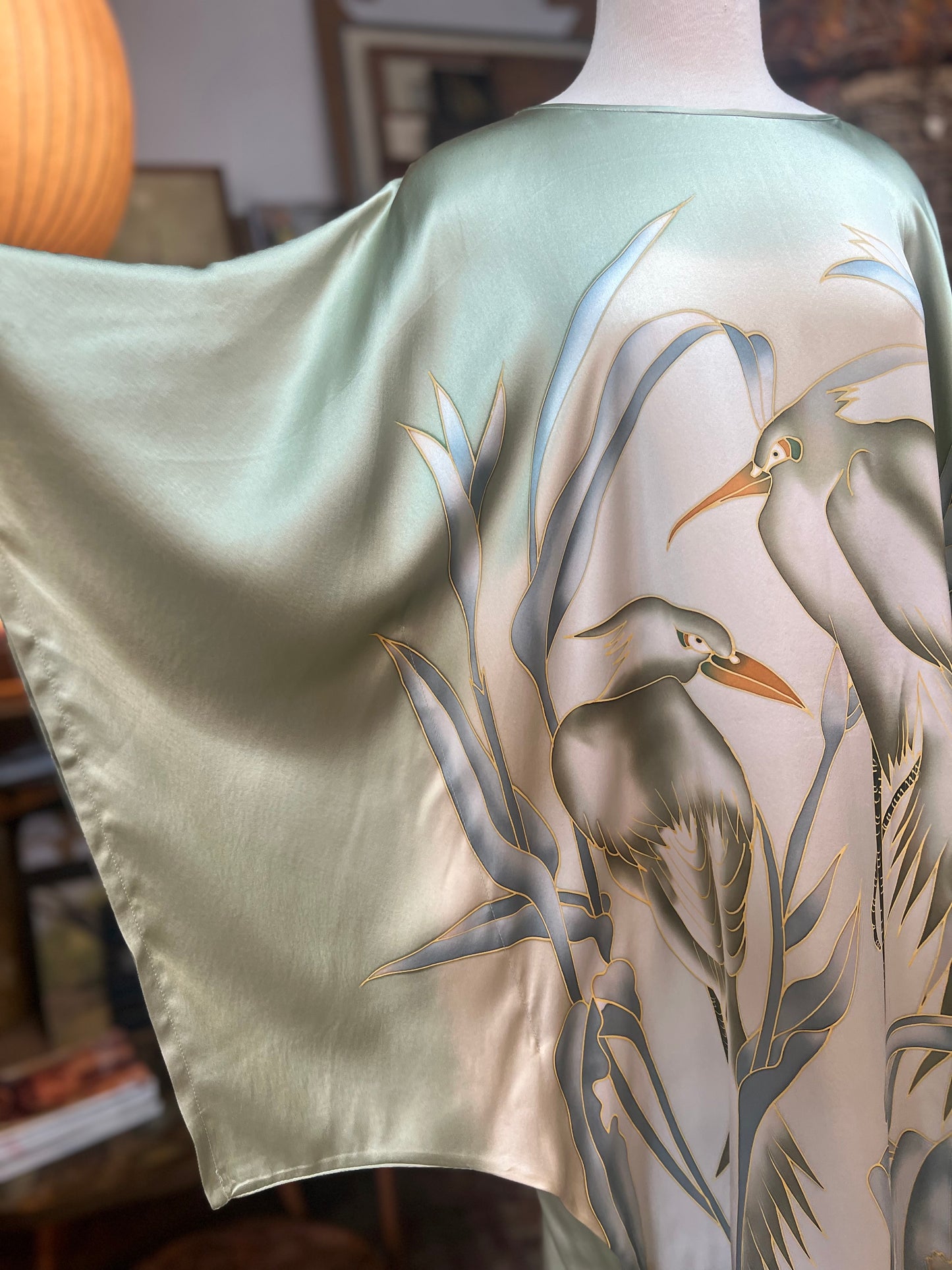 Vintage Hand Painted Batik Bird of Paradise Silk Caftan XL