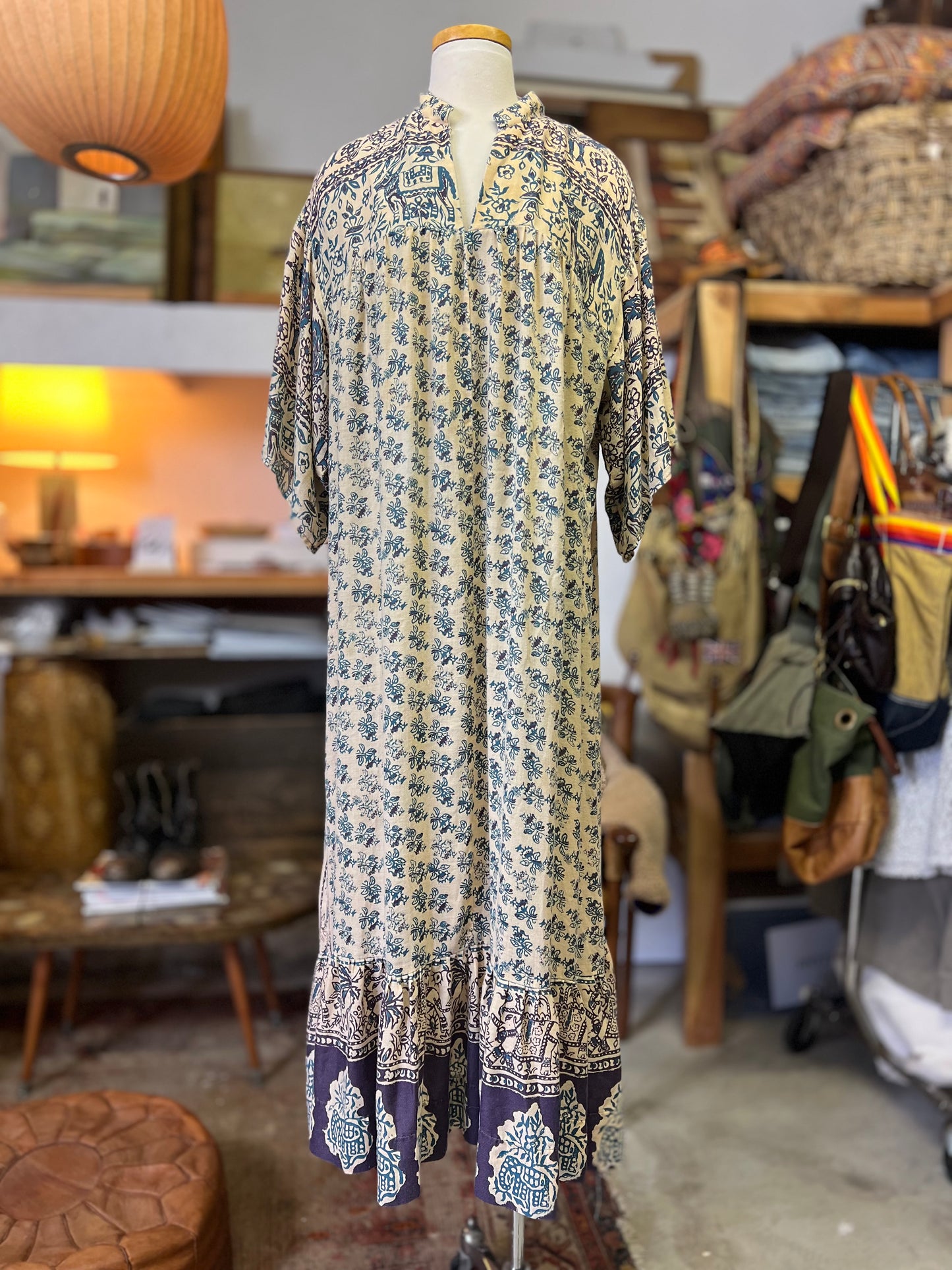 Vintage 70’s Handmade Bohemian India Block Print Cotton Maxi Dress