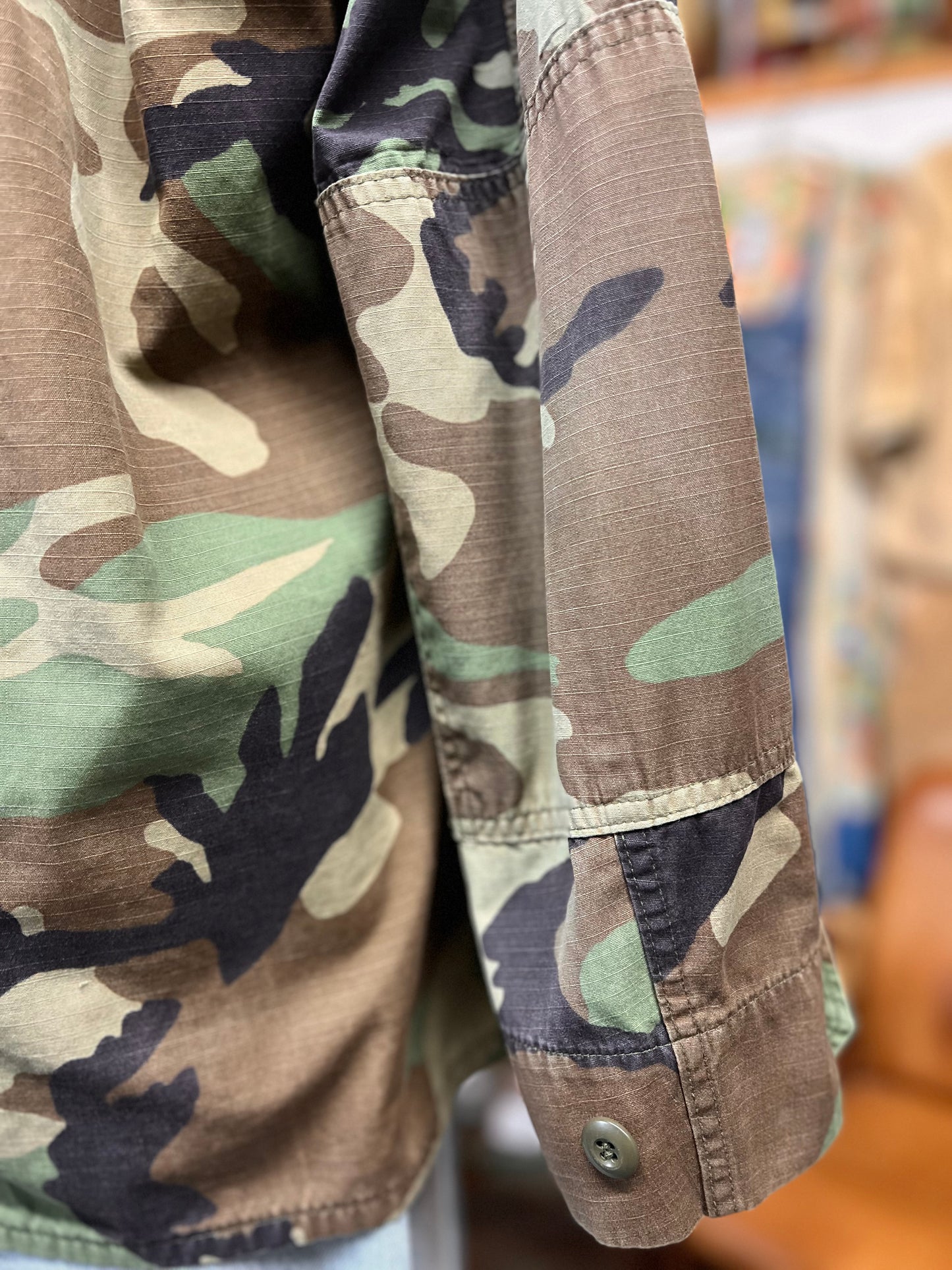 Vintage US Army Camouflage Shirt Jacket Double Elbow Great Fade
