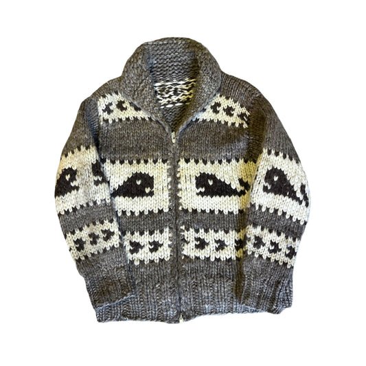 Vintage Whale Cowichan Zip Front Cardigan Sweater Soft & Thick Wool