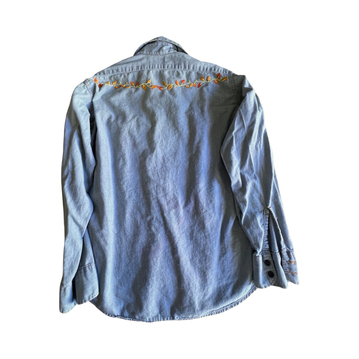 Vintage 70’s Levi’s Chambray Button Down Orange Tab Shirt w/ Embroidered Bee, Ladybug and Flowers L