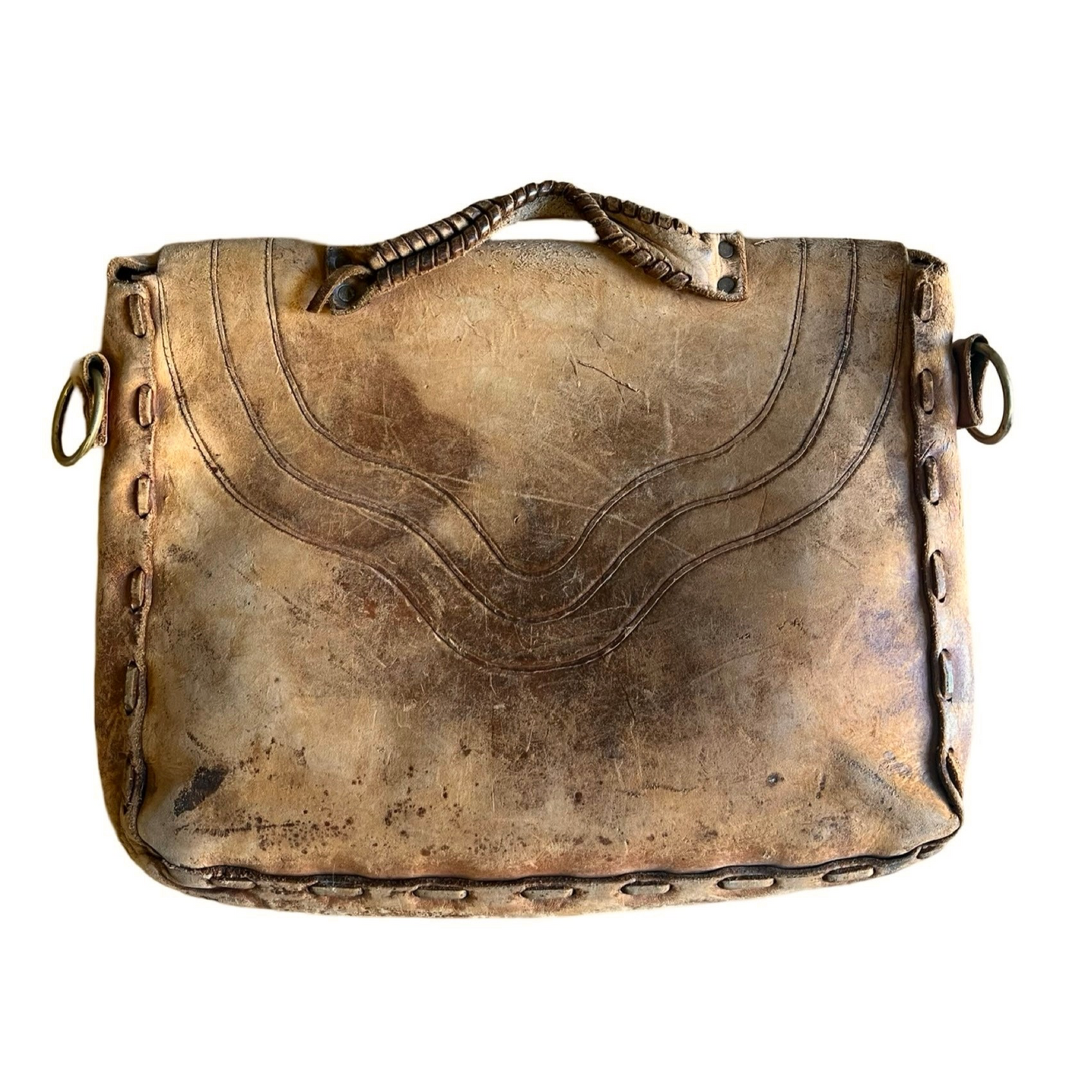 Gorgeous 70’s Vintage Handmade Tooled Leather Messenger Bag Sherpa Lined Removable Strap