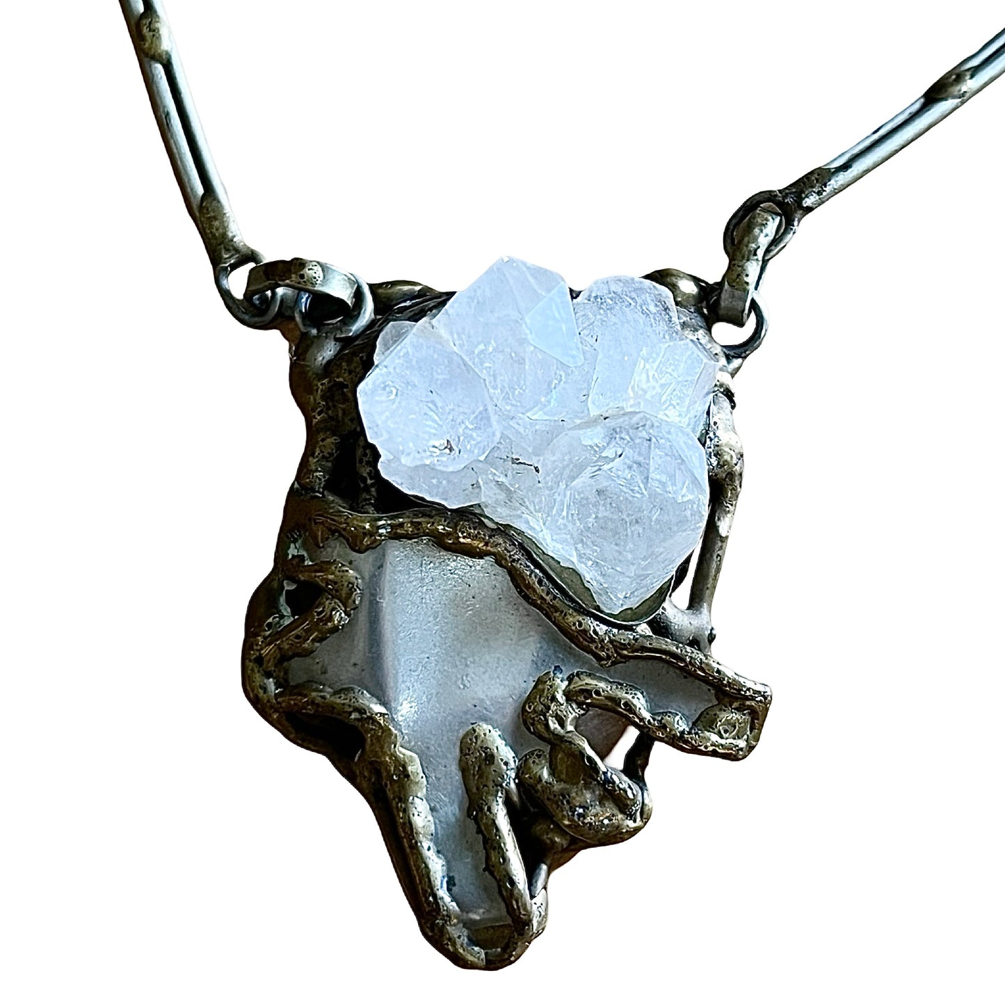 Vintage Modernist Brutalist Crystal Brass Silver Statement Necklace