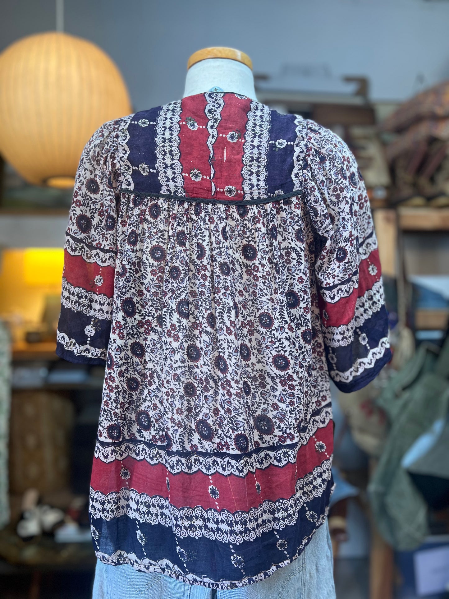 Vintage 70’s Star of India Sheer Cotton Gauze Block Print Blouse
