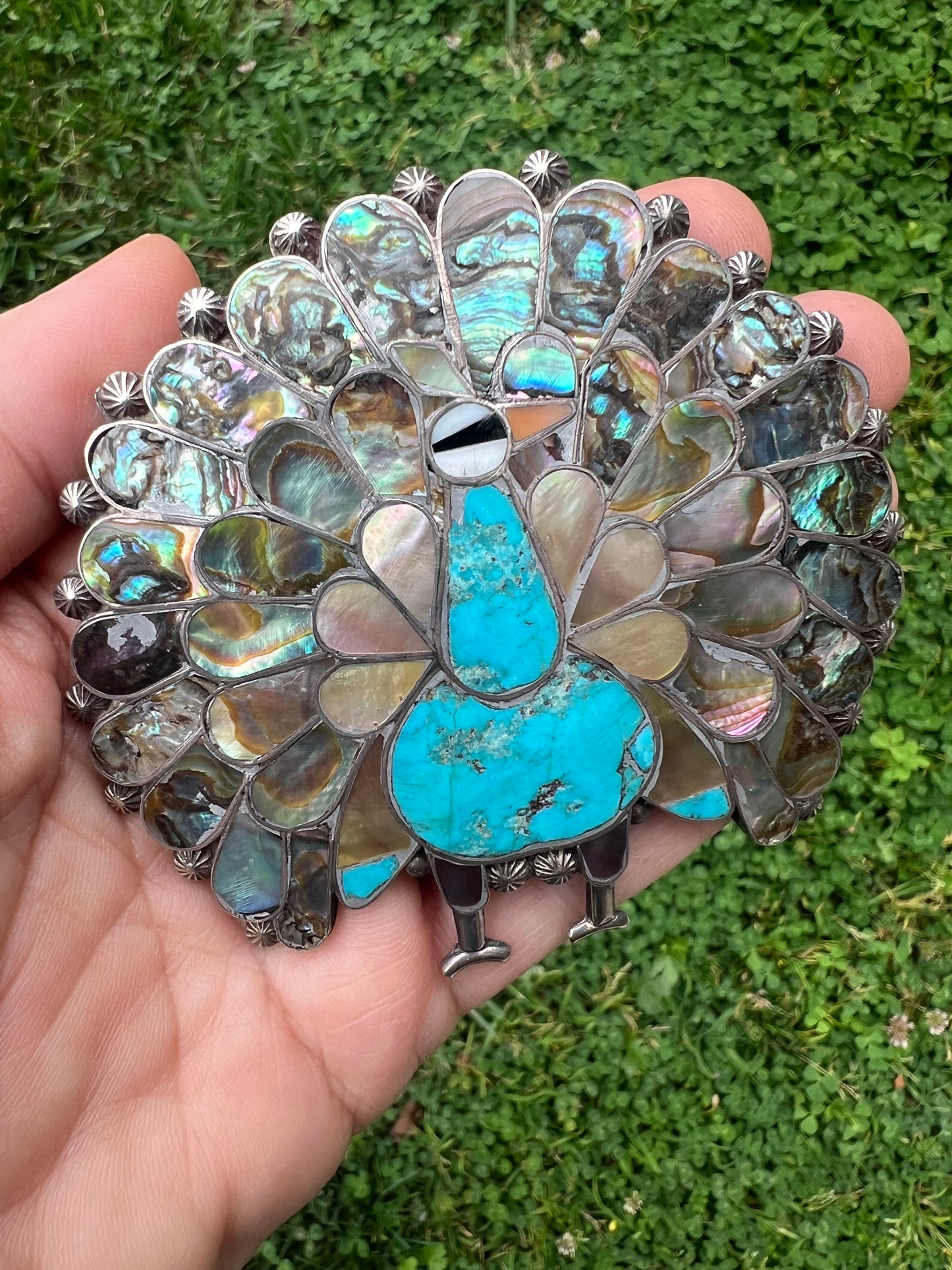 Stunning Vintage Navajo Sterling Silver Abalone MoP Turquoise Peacock Brooch/Pendant