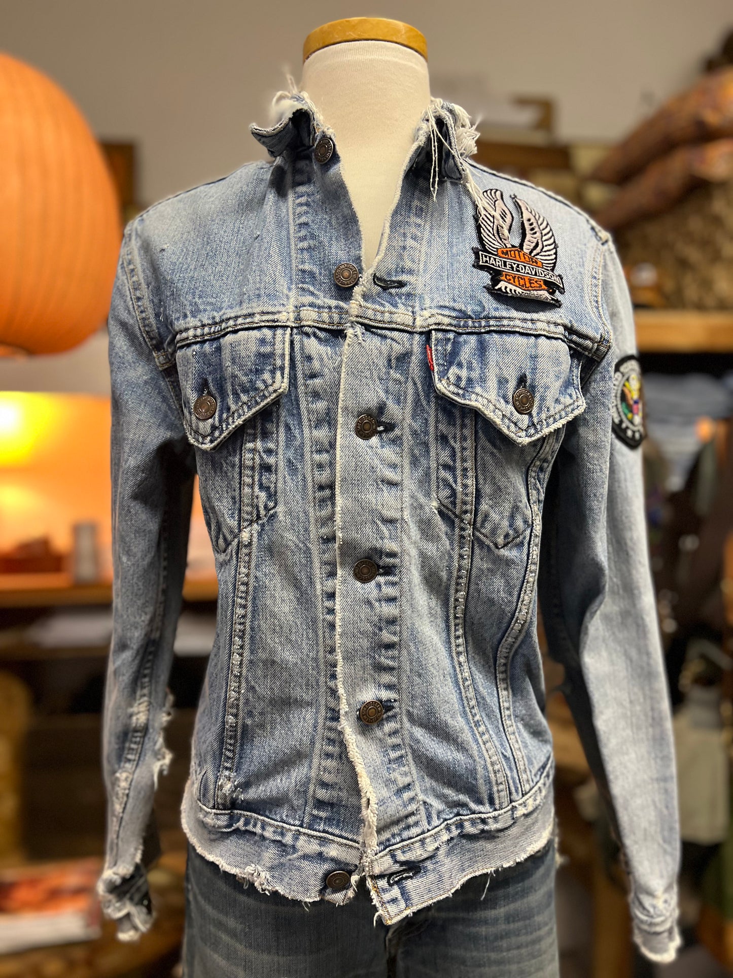 Vintage Thrashed & Distressed Levi’s Denim Jacket Harley Davidson and USA Patches