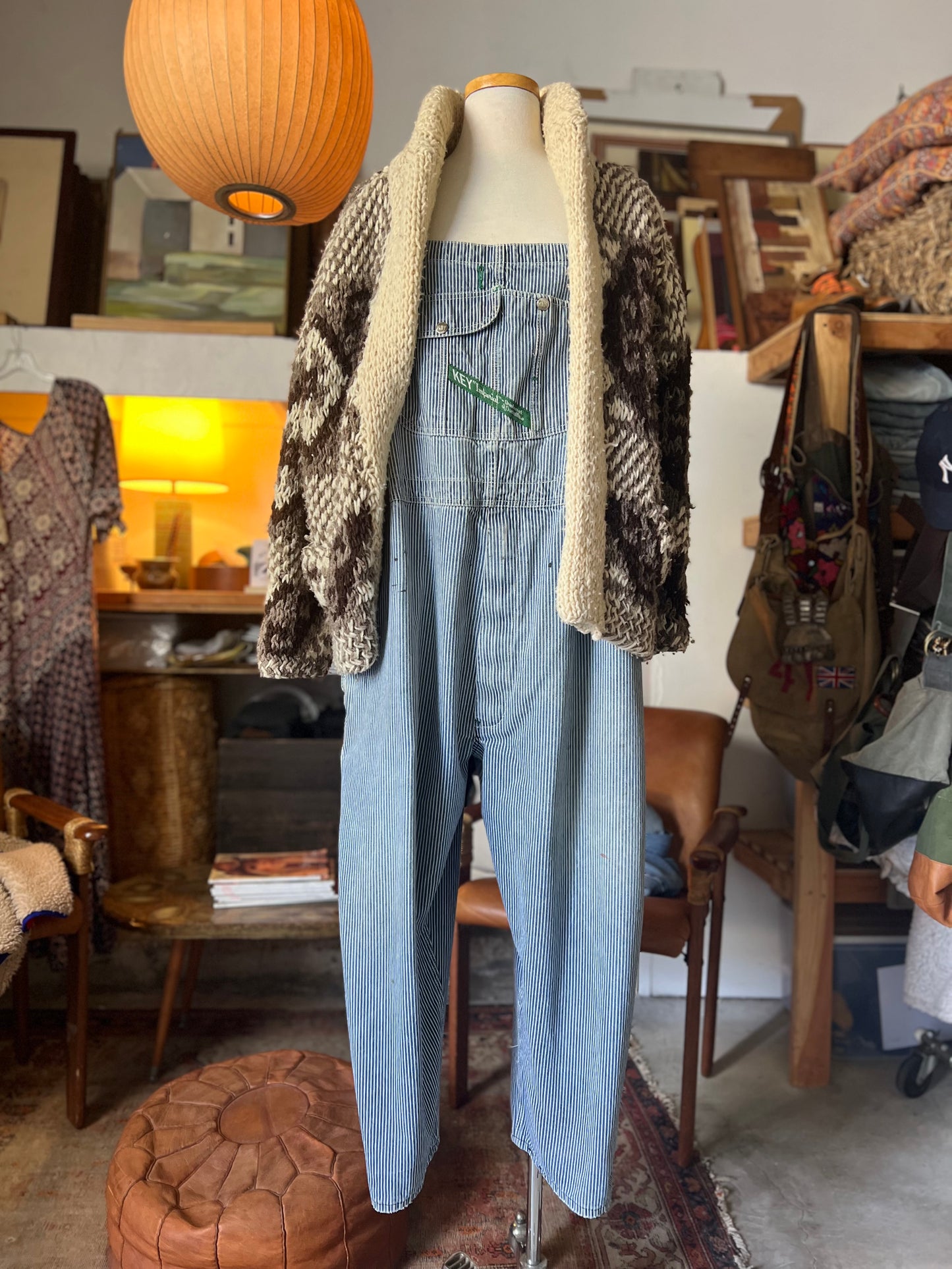 Vintage Distressed Key Imperial Engineer Striped Oversized Overalls XXL