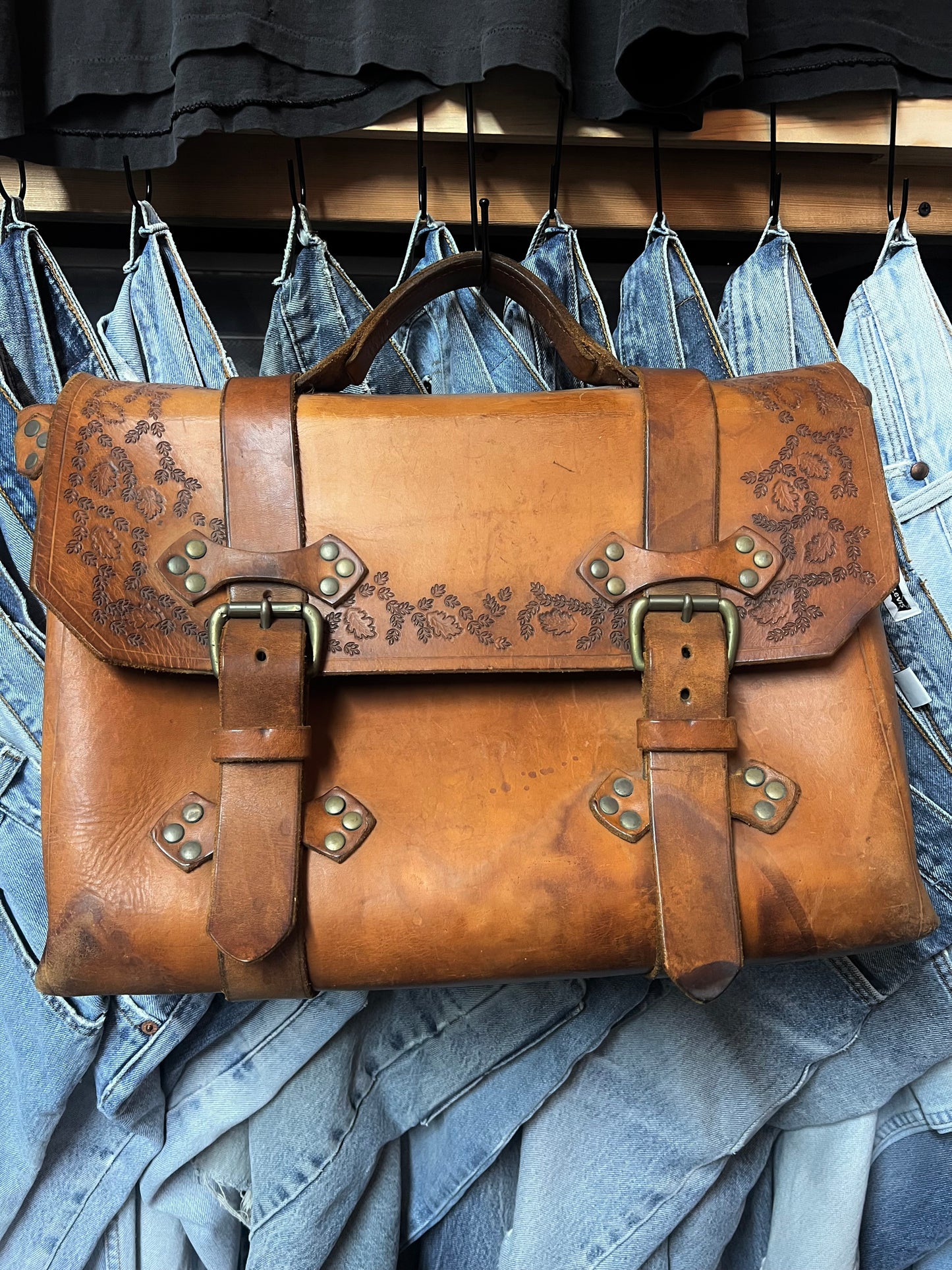 Vintage 70’s Handmade Tooled Leather Messenger Briefcase Brass Hardware