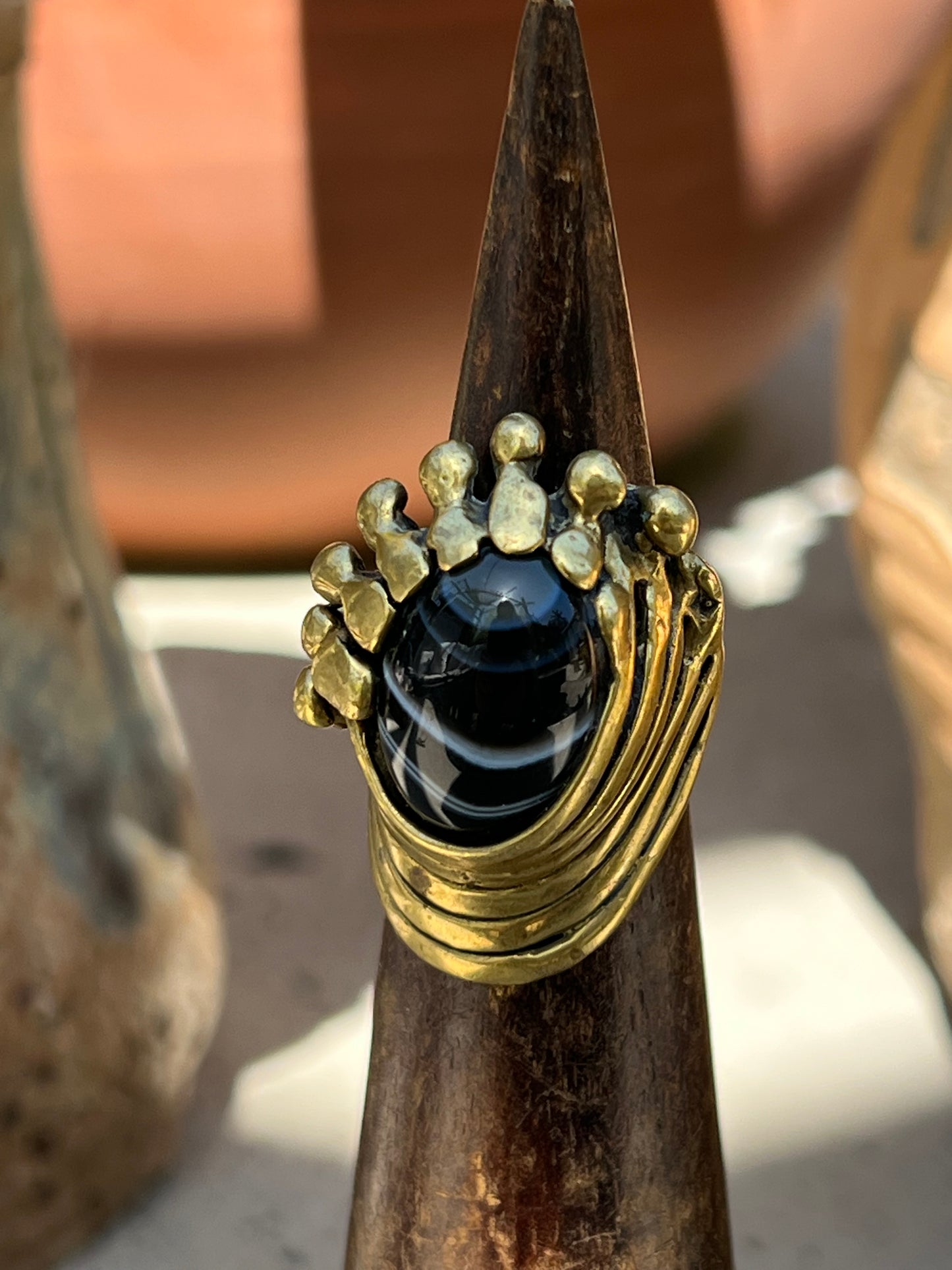 Vintage 60’s Modernist Brass Onyx Ring 6