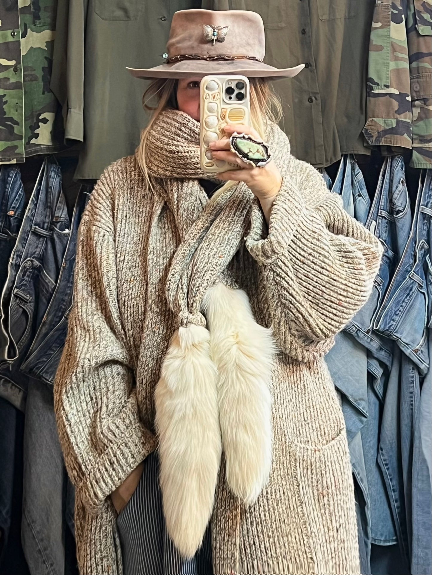 Vintage 1980’s Tony Lambert Marled Maxi Sweater Coat w/ Fur Trim Scarf