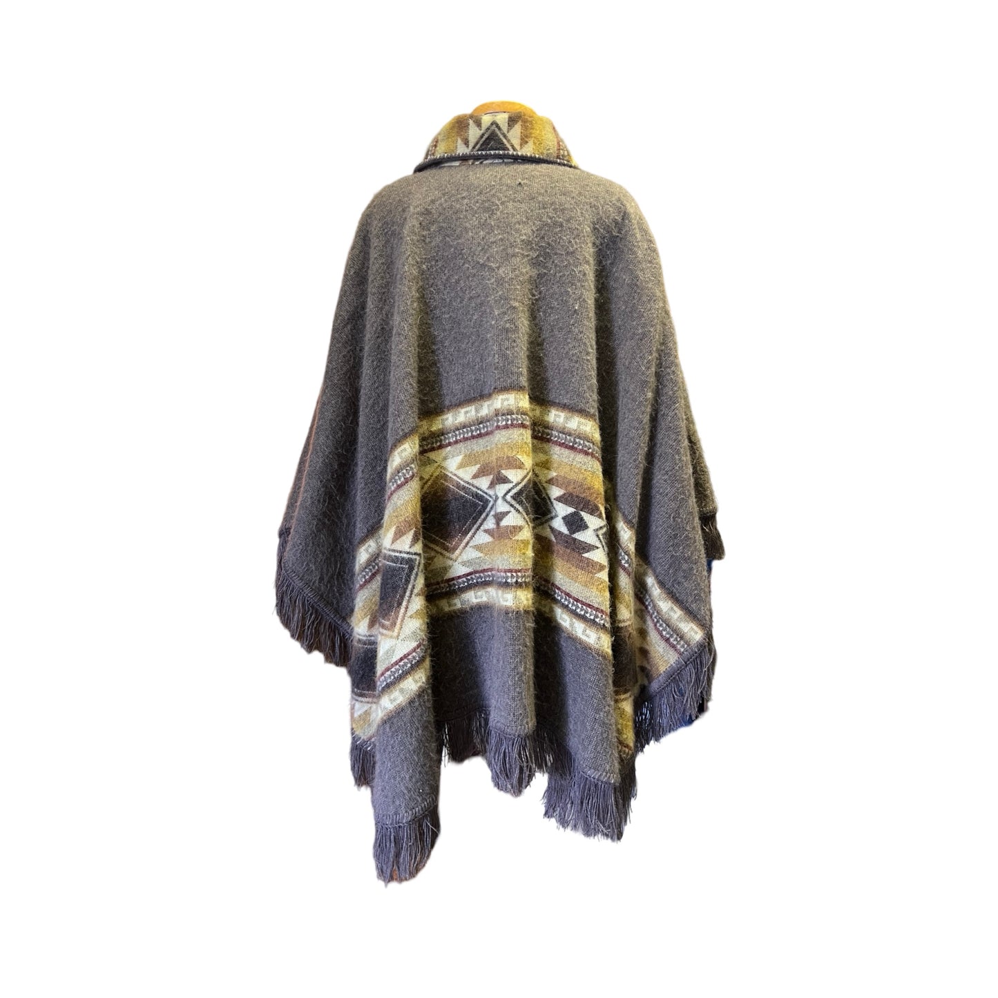 Vintage 70’s Bohemian Soft Reversible Fringe Trim Poncho Southwestern Design O/S