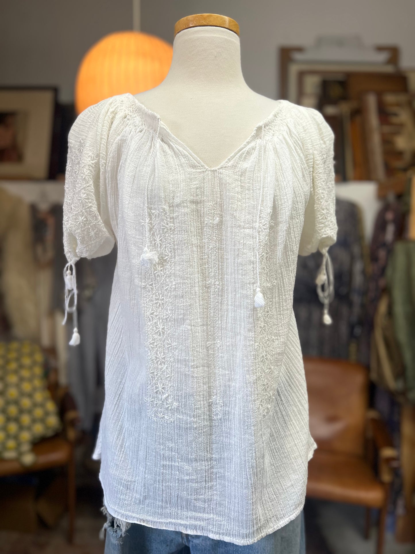 Vintage 60’s Romanian Embroidered Pintuck Smocked Gauze Top S/M