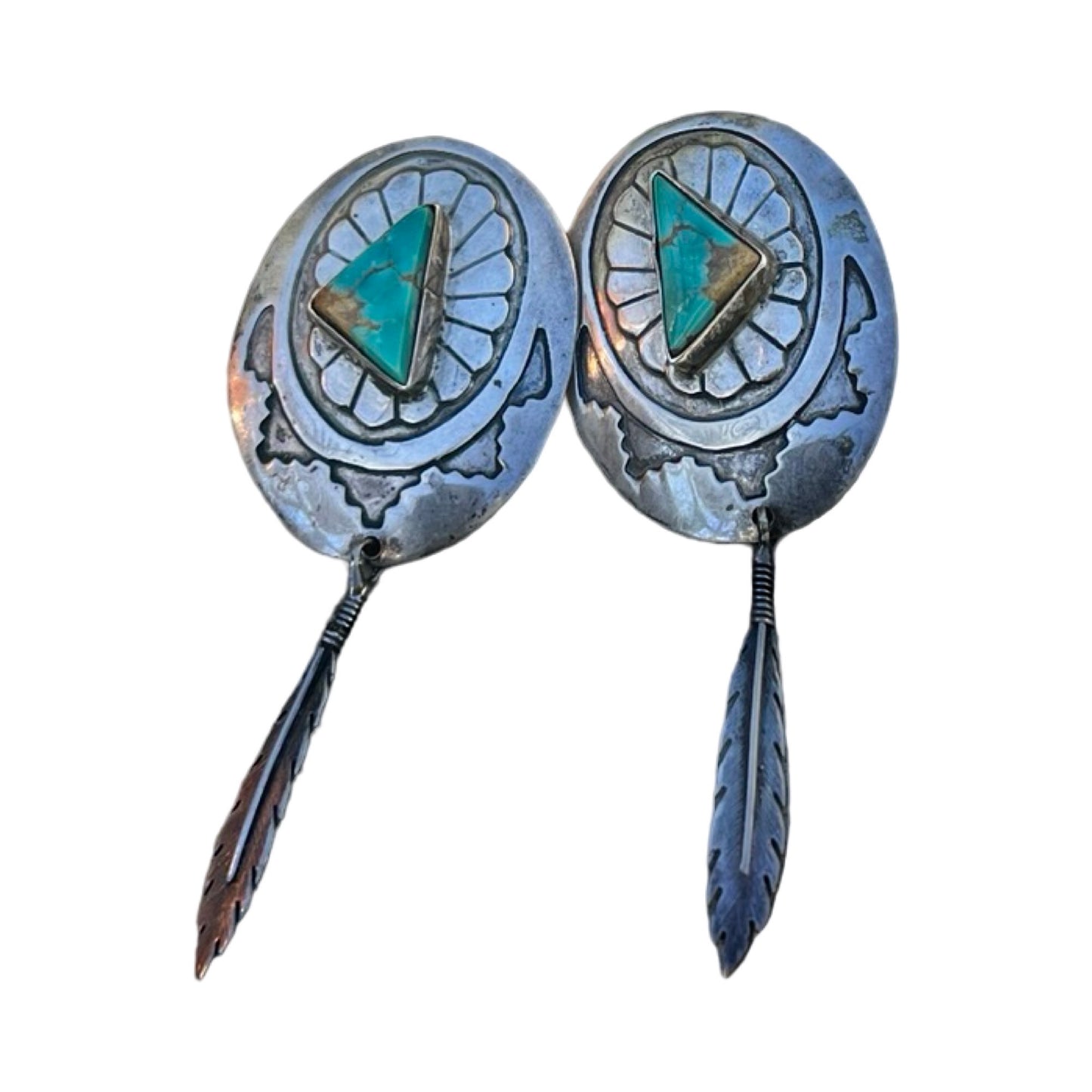 Vintage Navajo Sterling Silver Turquoise Feather Earrings Hallmark JN