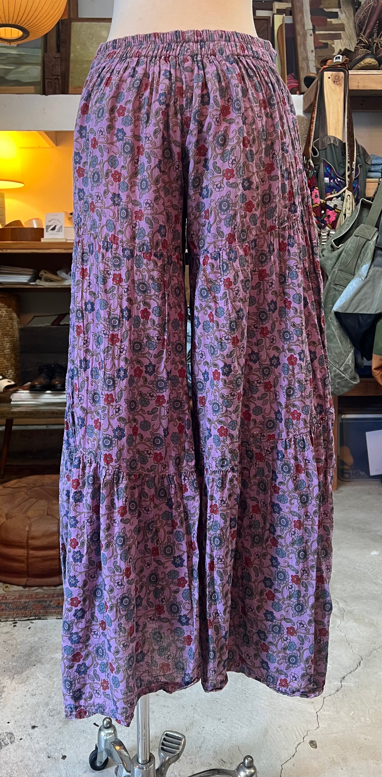 Rare Vintage India Block Print Cotton Gauze Tiered Palazzo Pants S/M