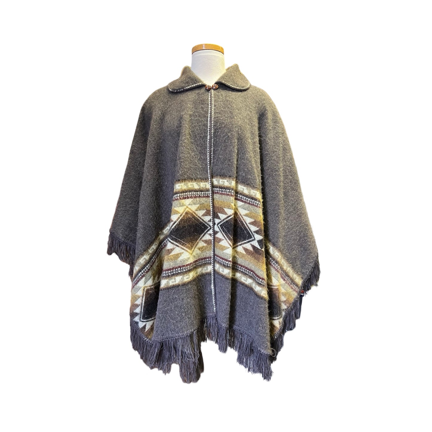 Vintage 70’s Bohemian Soft Reversible Fringe Trim Poncho Southwestern Design O/S