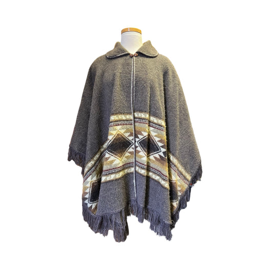 Vintage 70’s Bohemian Soft Reversible Fringe Trim Poncho Southwestern Design O/S