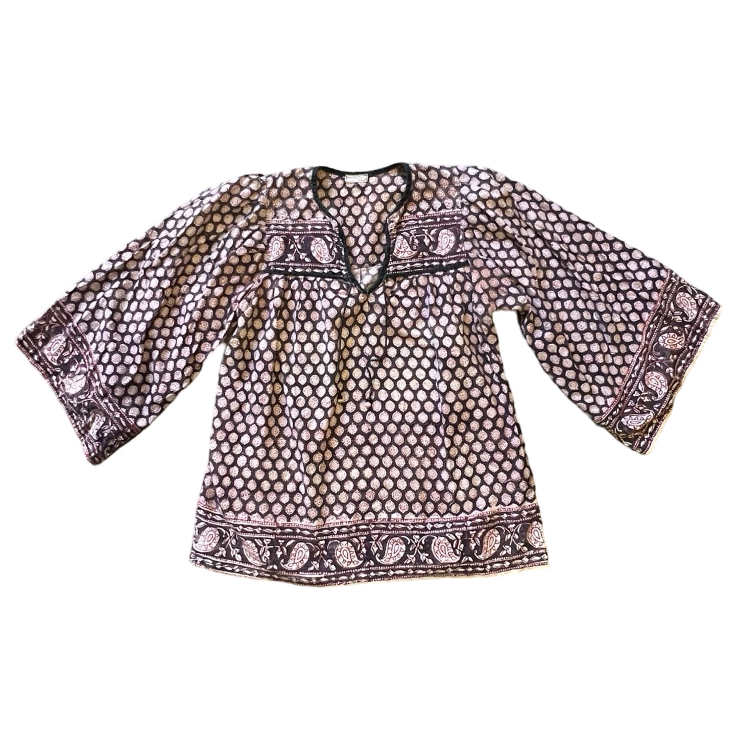 Vintage 70’s India Block Print 3/4 Bell Sleeve Cotton Blouse Rare Colorway S/M