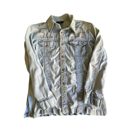 Amazing Vintage 70’s Lee Denim Embroidered Mushroom Snap Front Shirt Jacket L